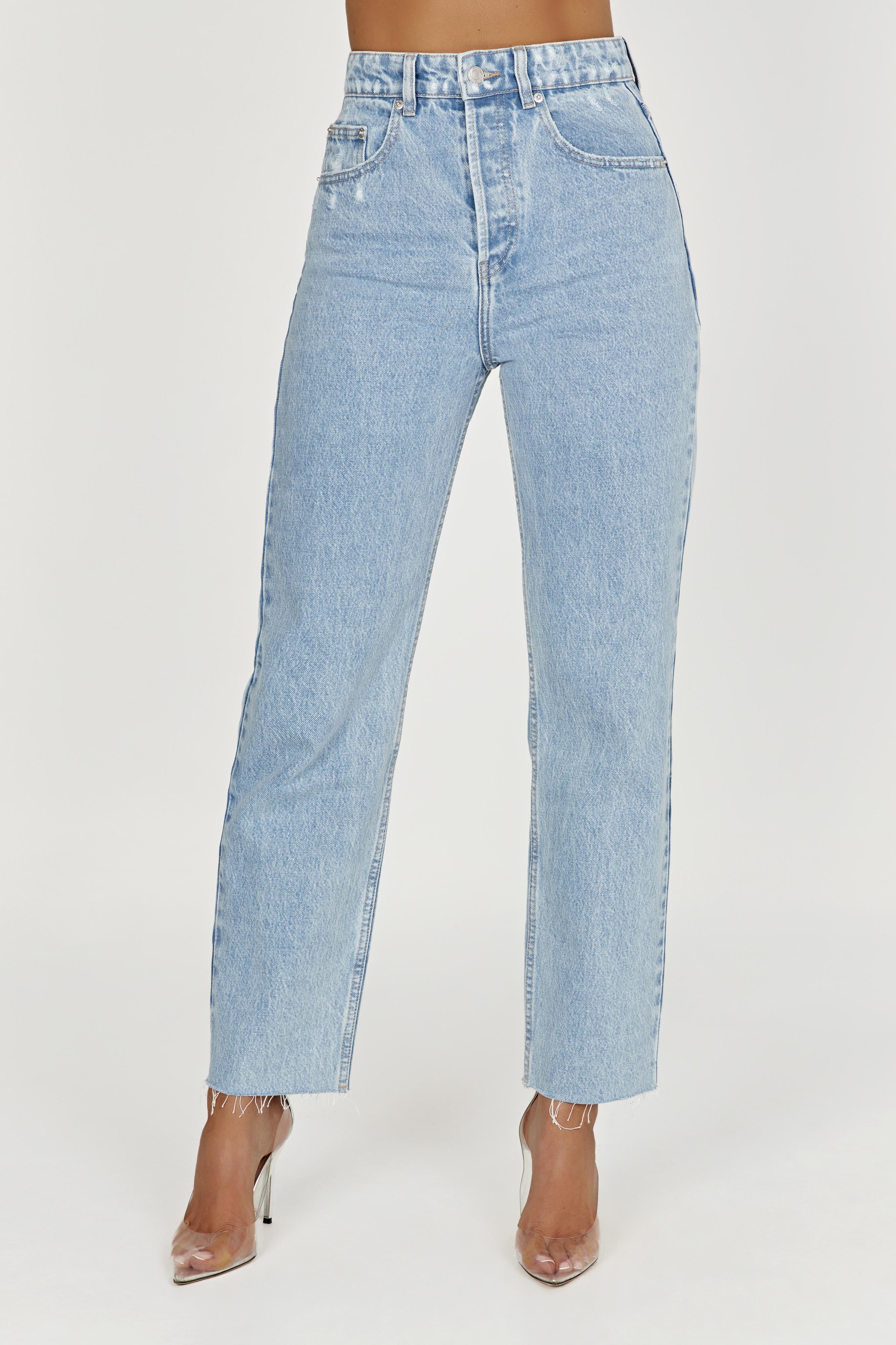 Tina Mom Jeans - Mid Blue High Waist Skinny Fit | MESHKI