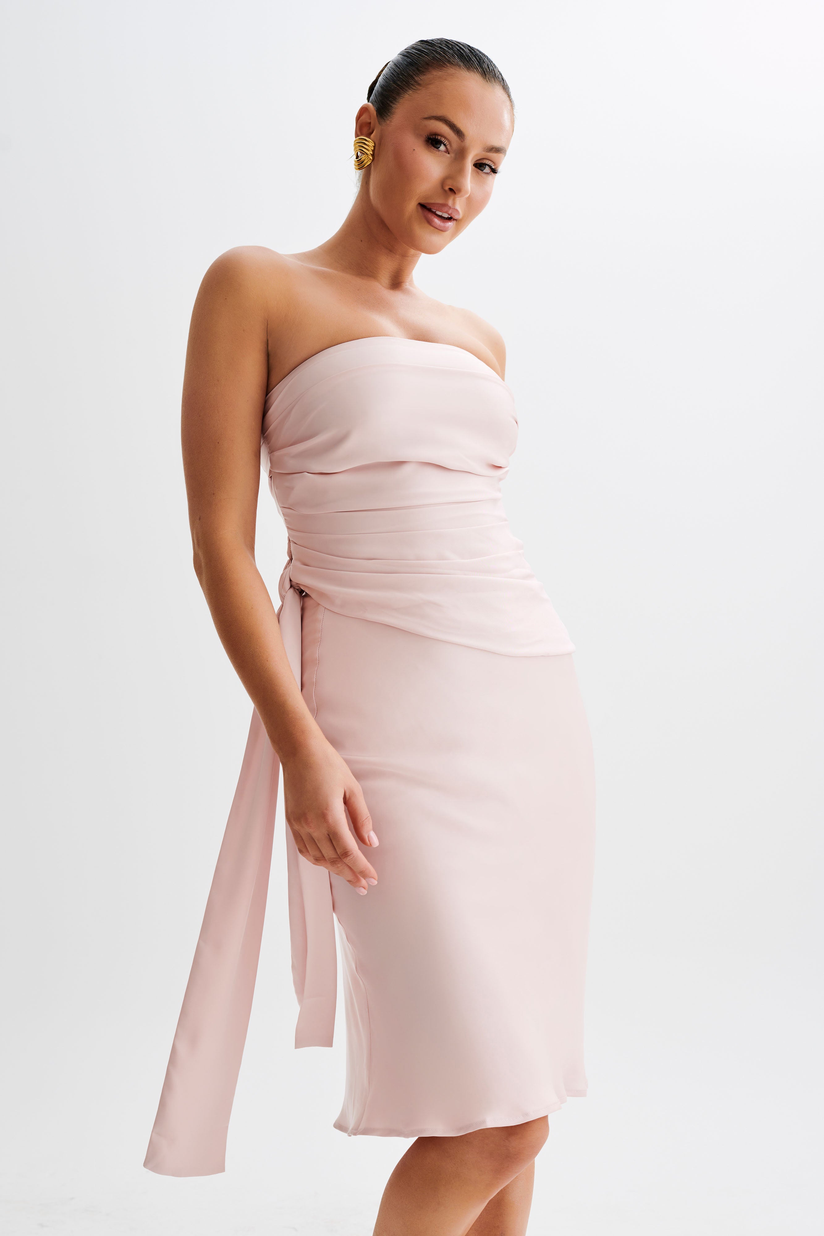 Satin Ruched Strapless Top with Asymmetrical Hem | Allegra