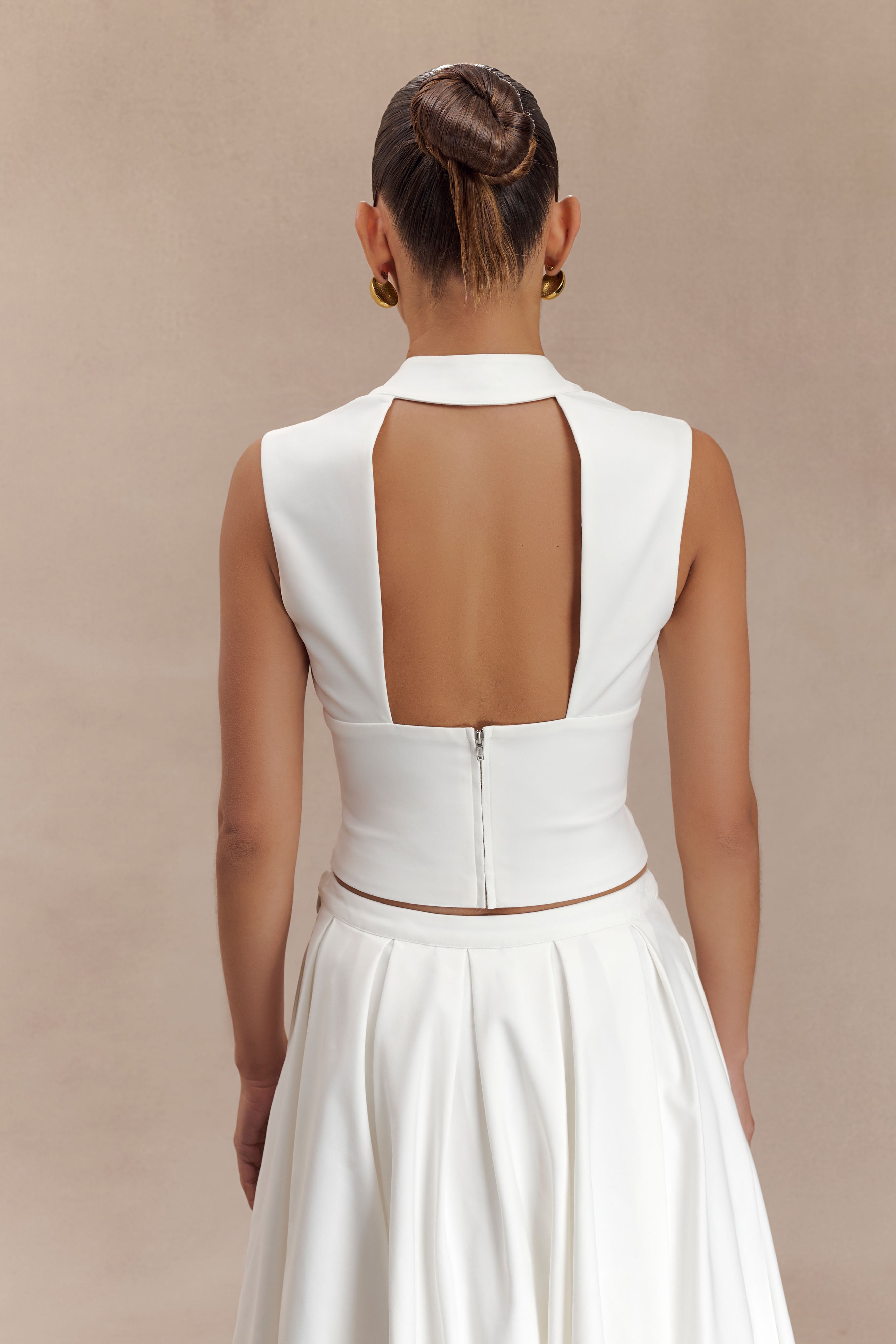 Elegant Sleeveless Cross Over Top with V Neck & Open Back | Jemima