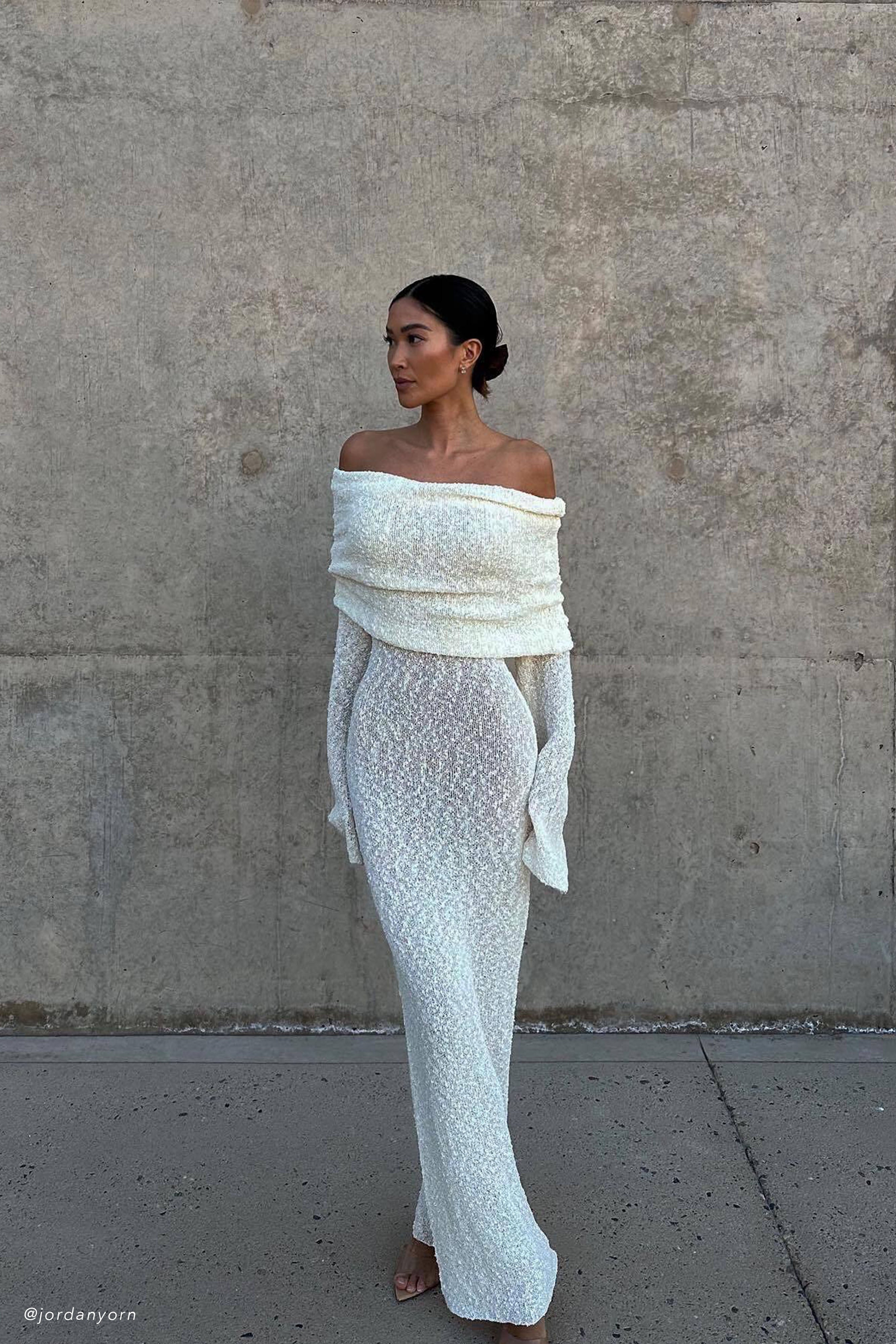 Off Shoulder Boucle Maxi Dress with Flared Sleeves | Marisol Ivory