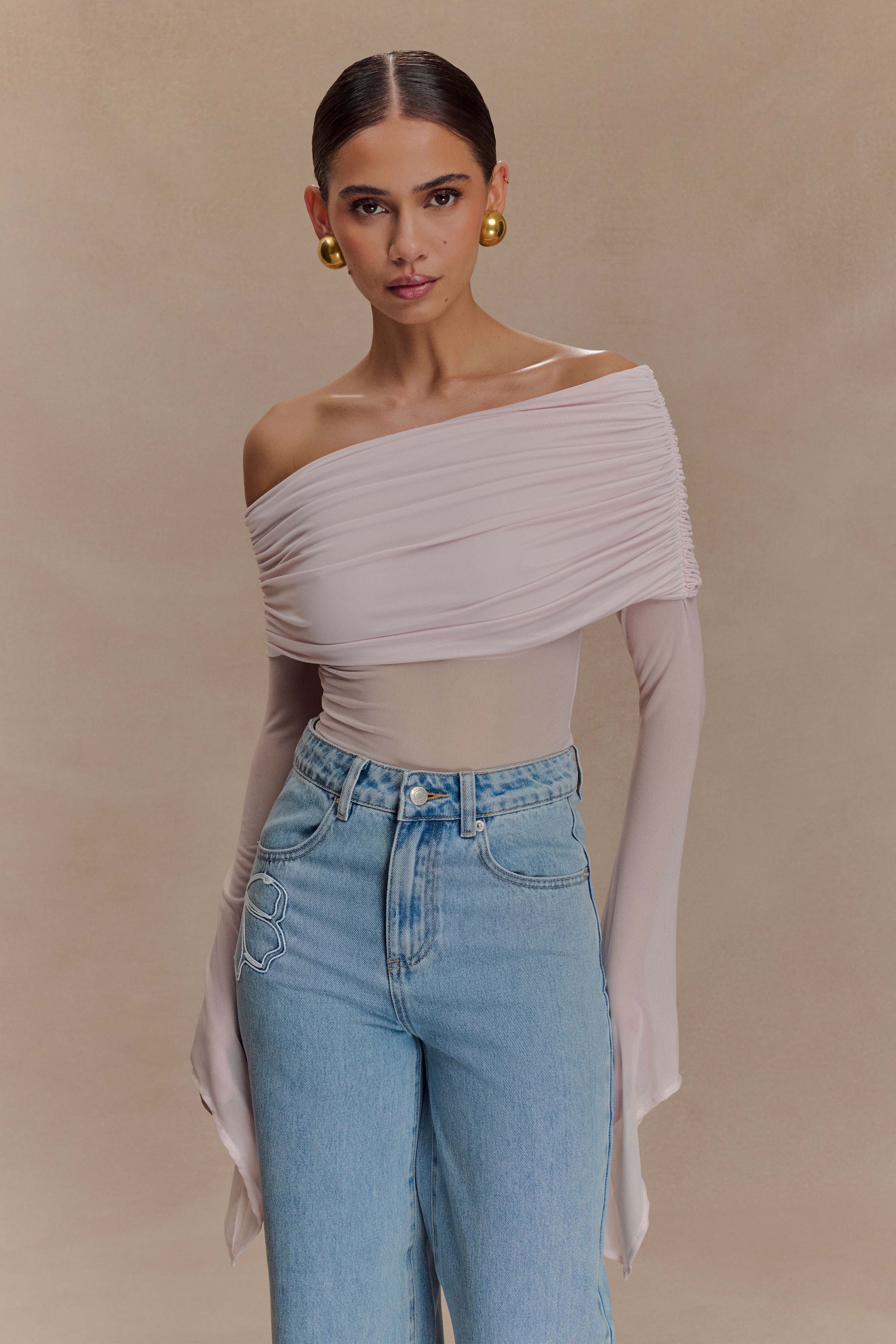 One Shoulder Mesh Top with Flared Cuffs | Dahlia Pale Pink