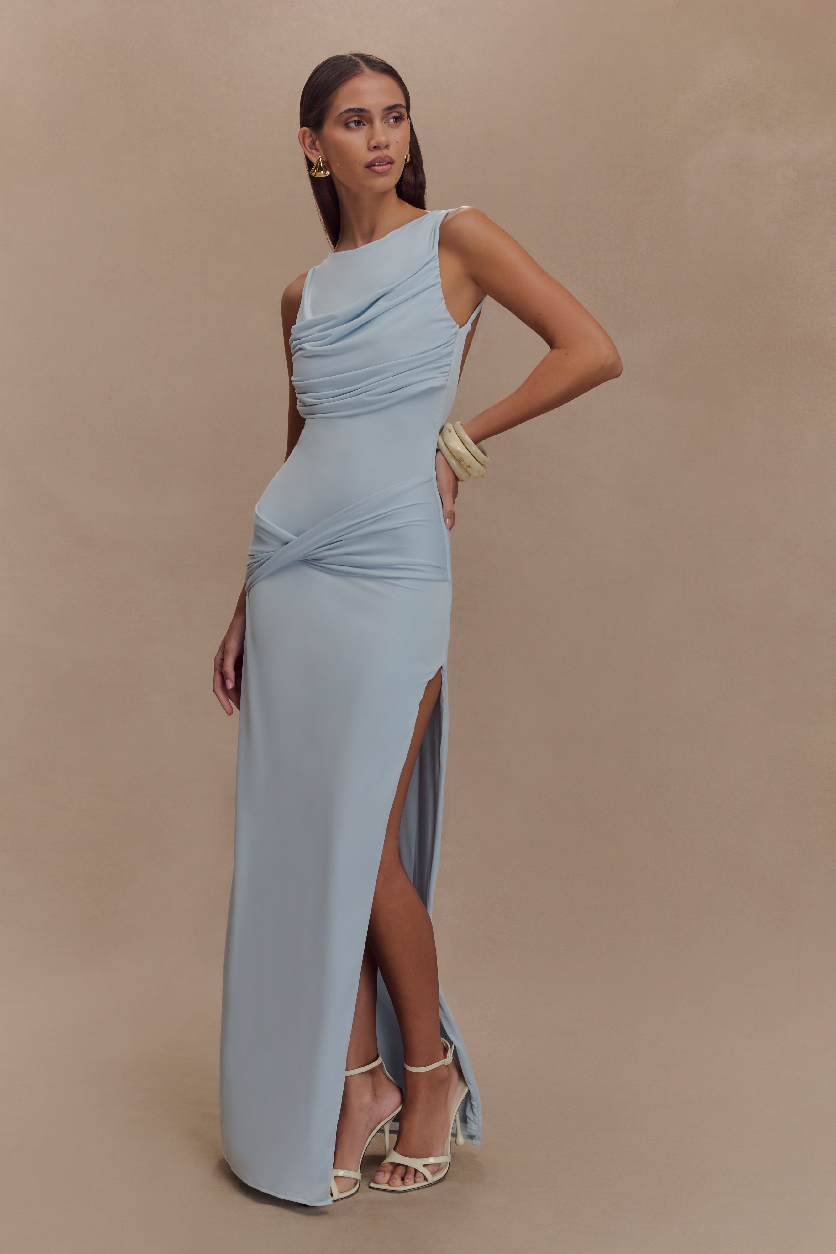 Elegant Slinky Drape Maxi Dress with Open Back | Henley