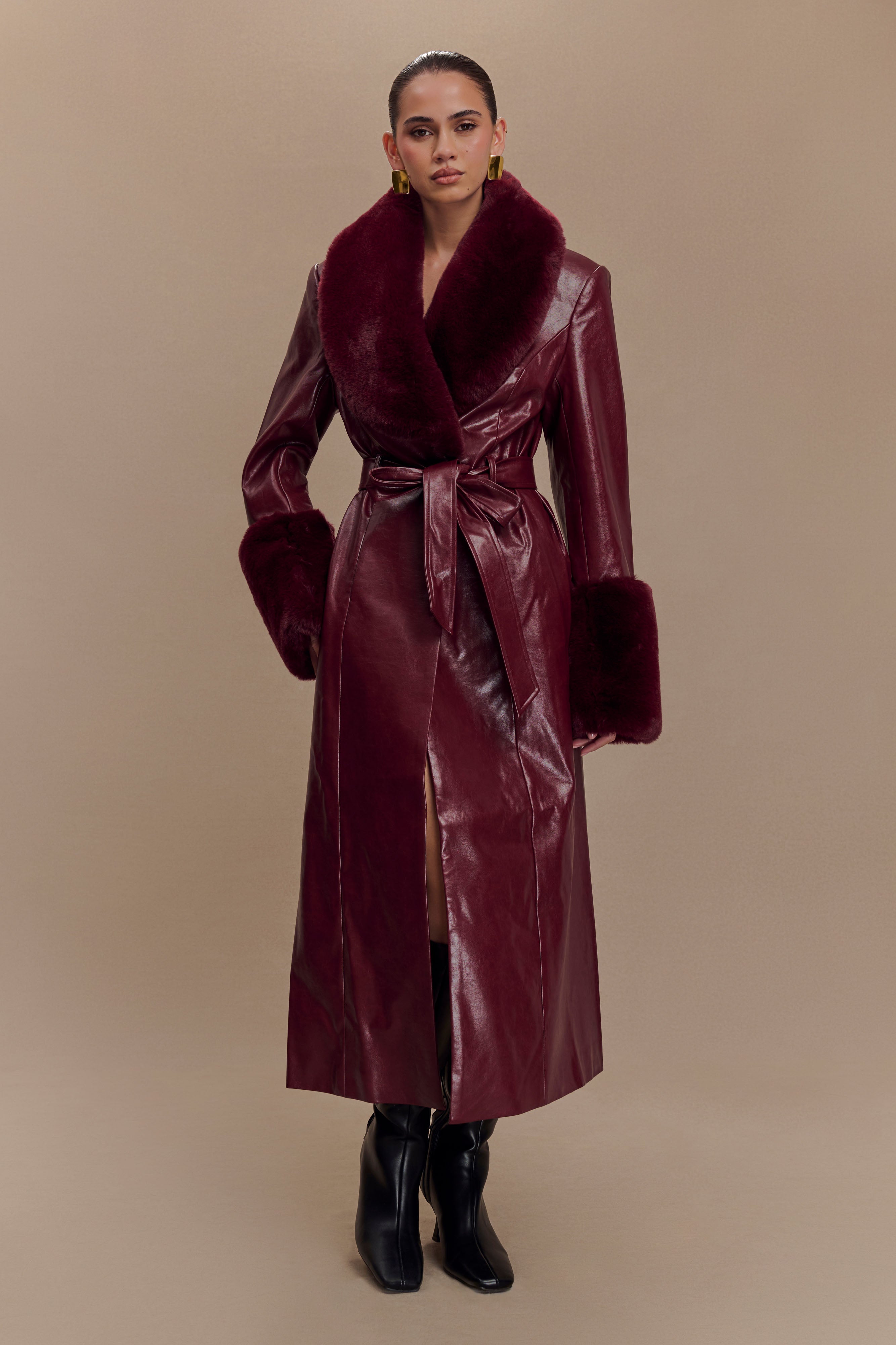 Faux Leather Trench Coat with Faux Fur Trim | BEC Cherry Red
