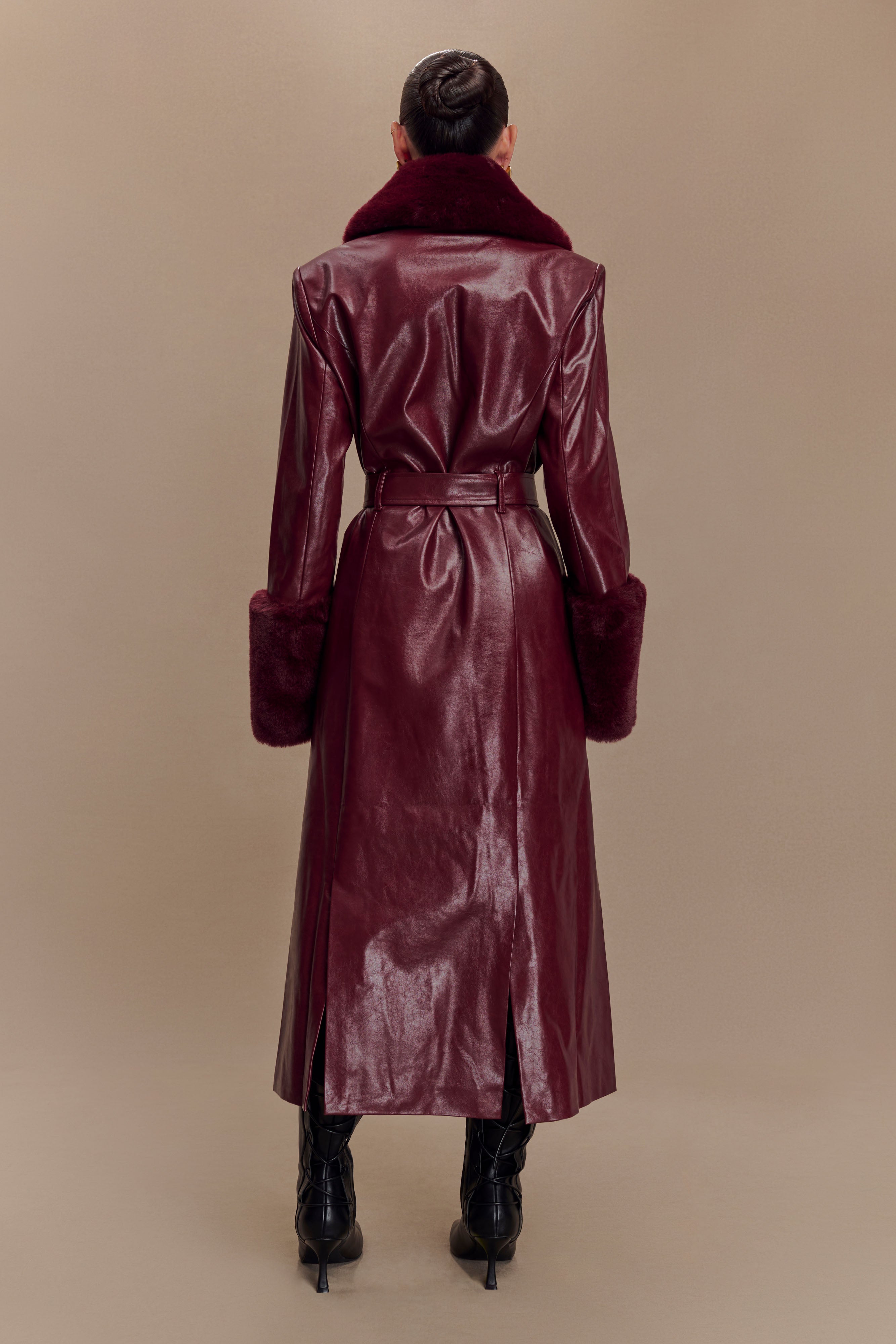 Faux Leather Trench Coat with Faux Fur Trim | BEC Cherry Red