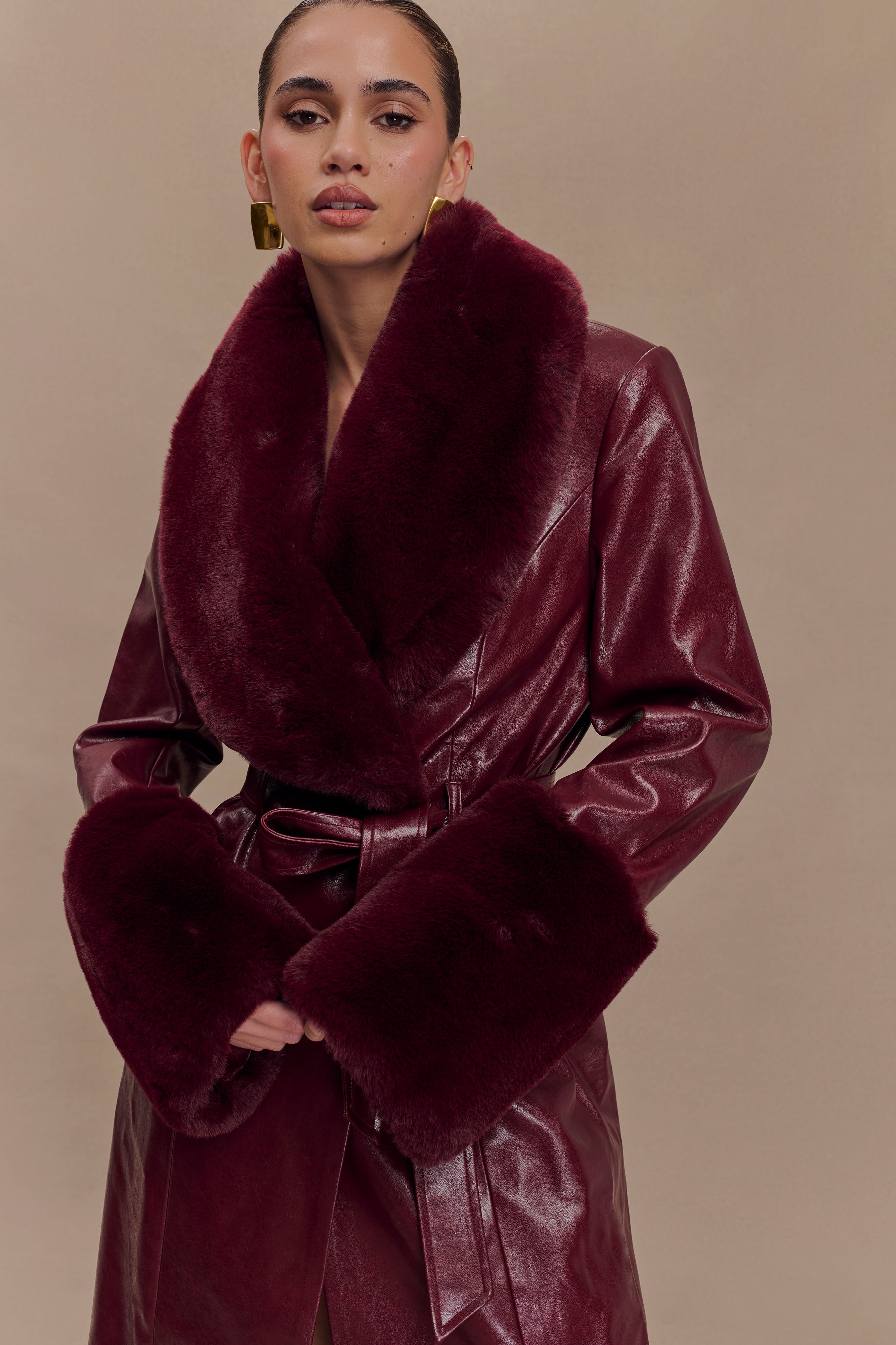Faux Leather Trench Coat with Faux Fur Trim | BEC Cherry Red