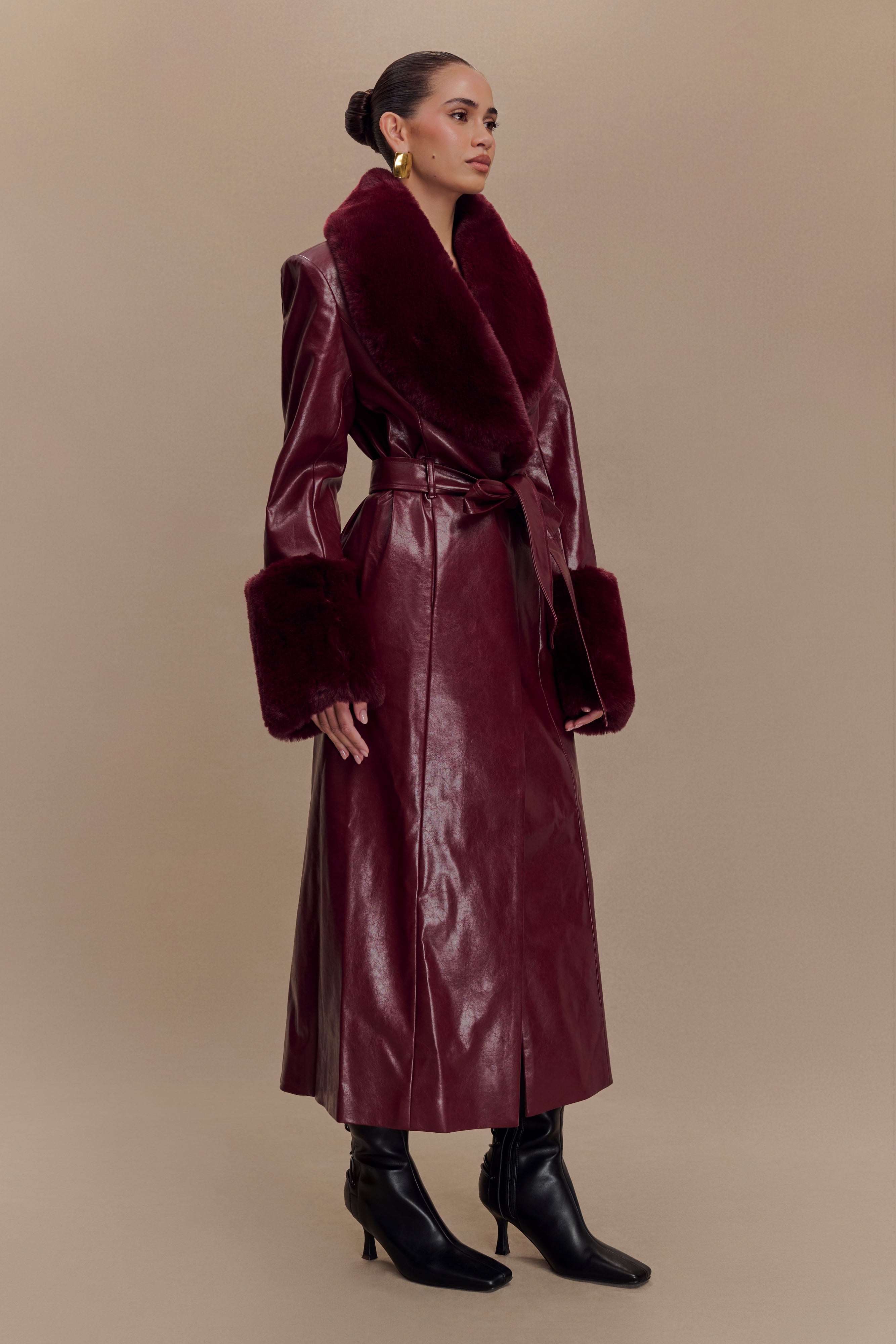 Faux Leather Trench Coat with Faux Fur Trim | BEC Cherry Red