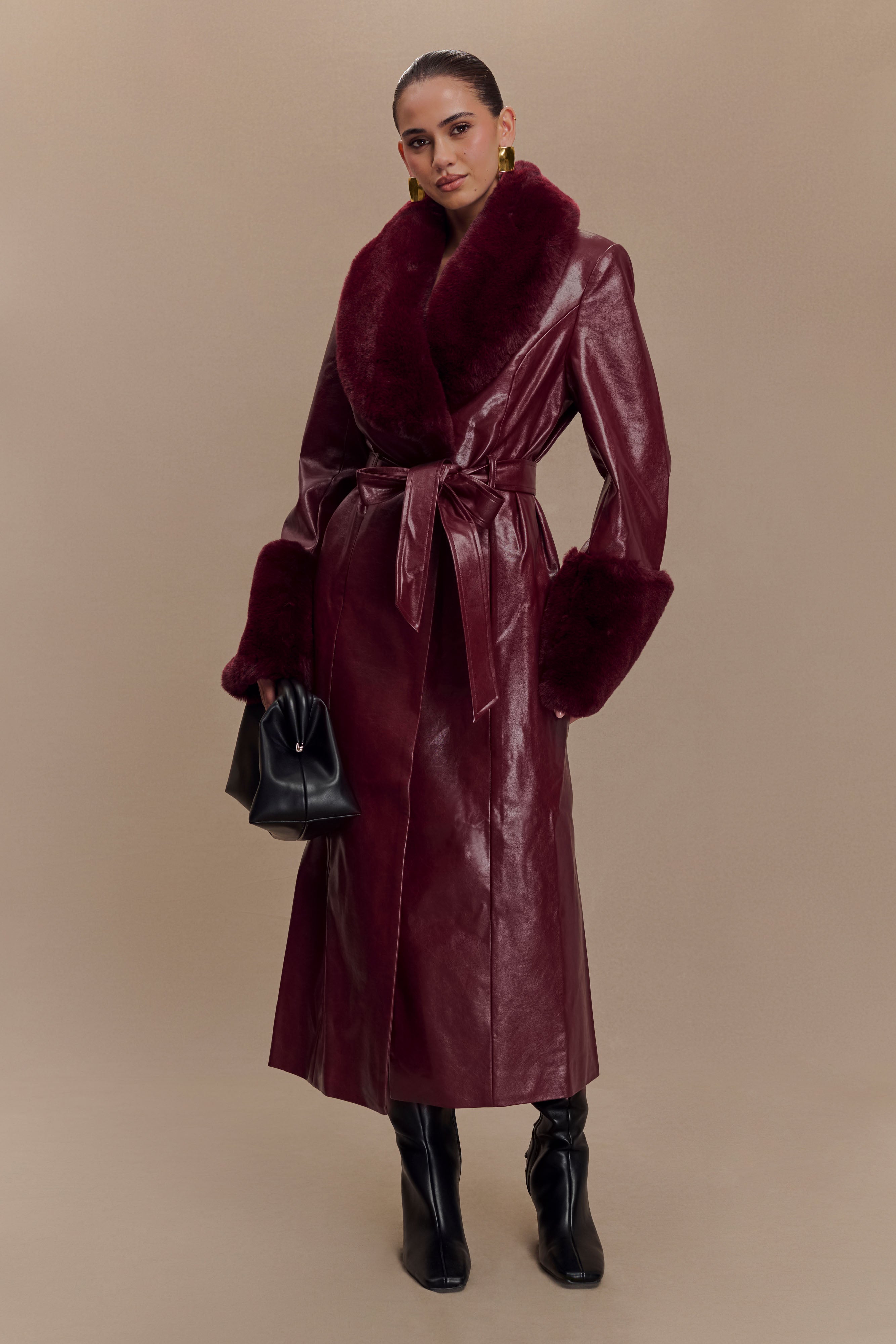 Faux Leather Trench Coat with Faux Fur Trim | BEC Cherry Red