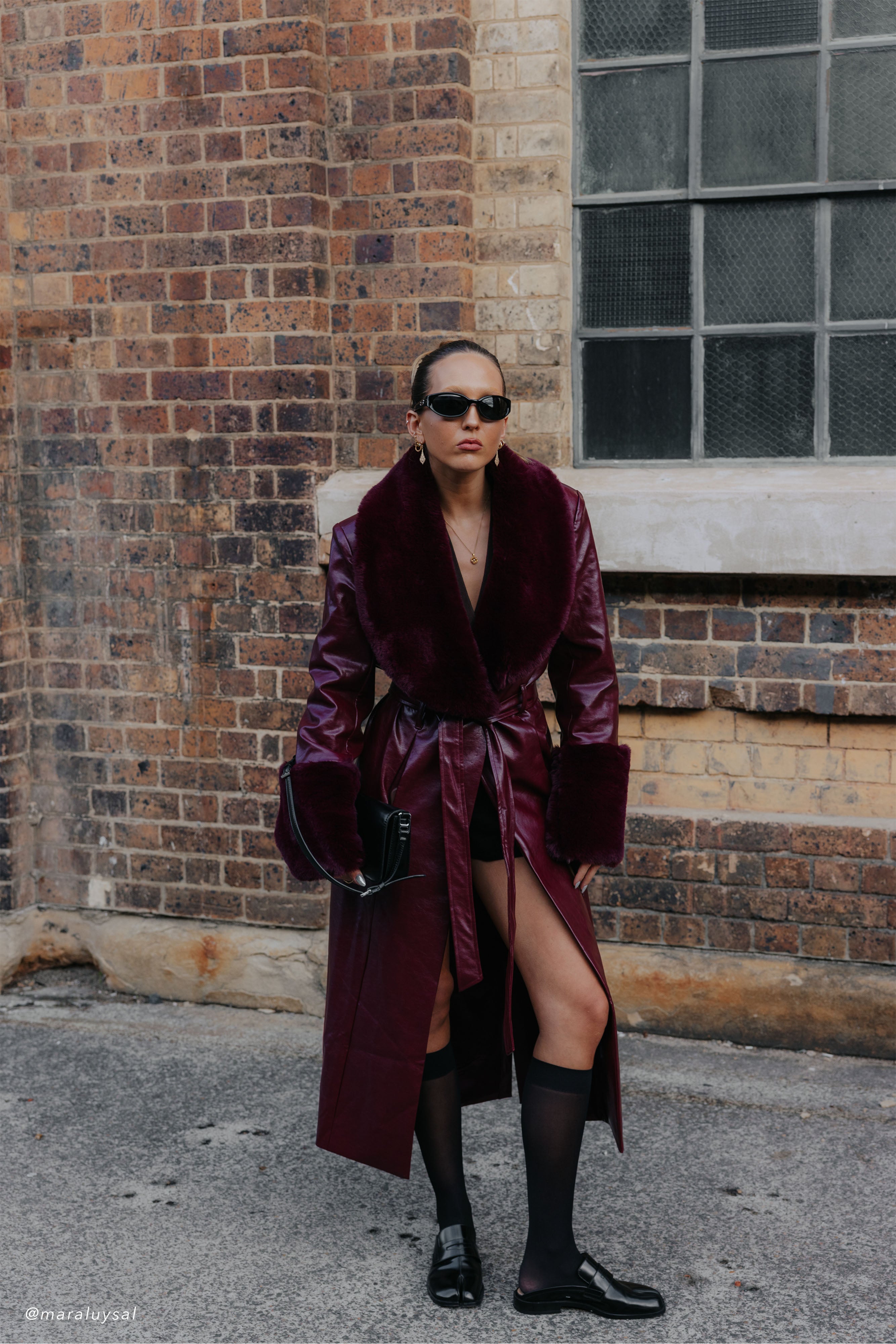 Faux Leather Trench Coat with Faux Fur Trim | BEC Cherry Red