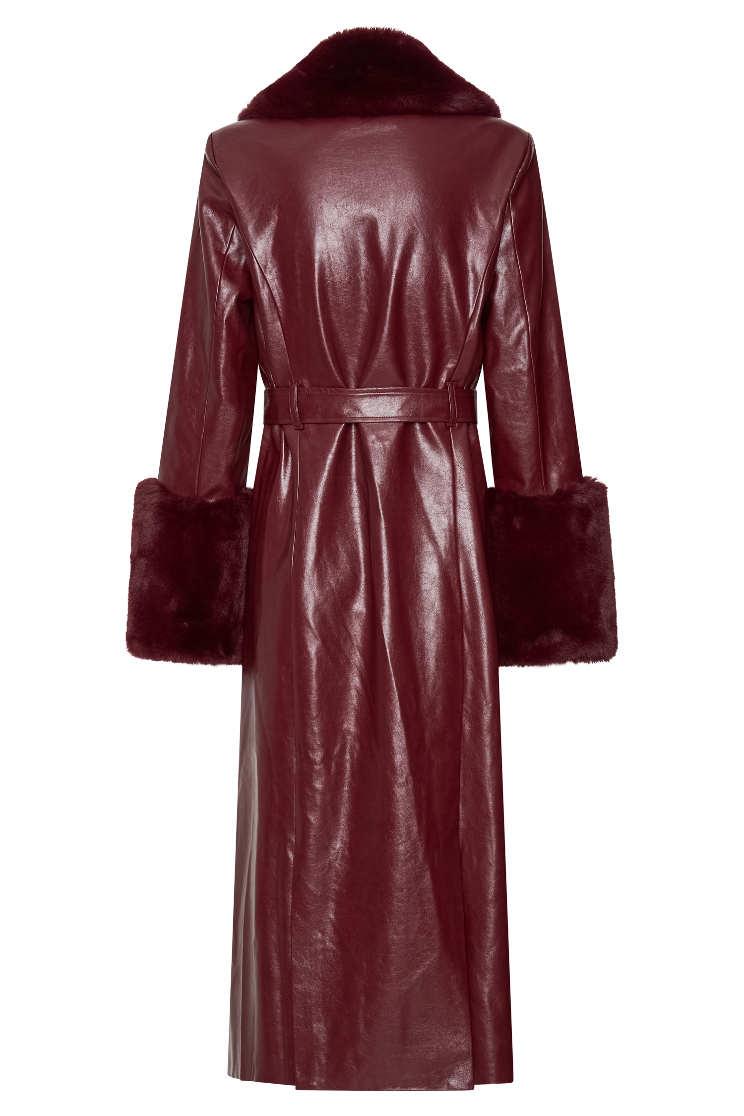 Faux Leather Trench Coat with Faux Fur Trim | BEC Cherry Red
