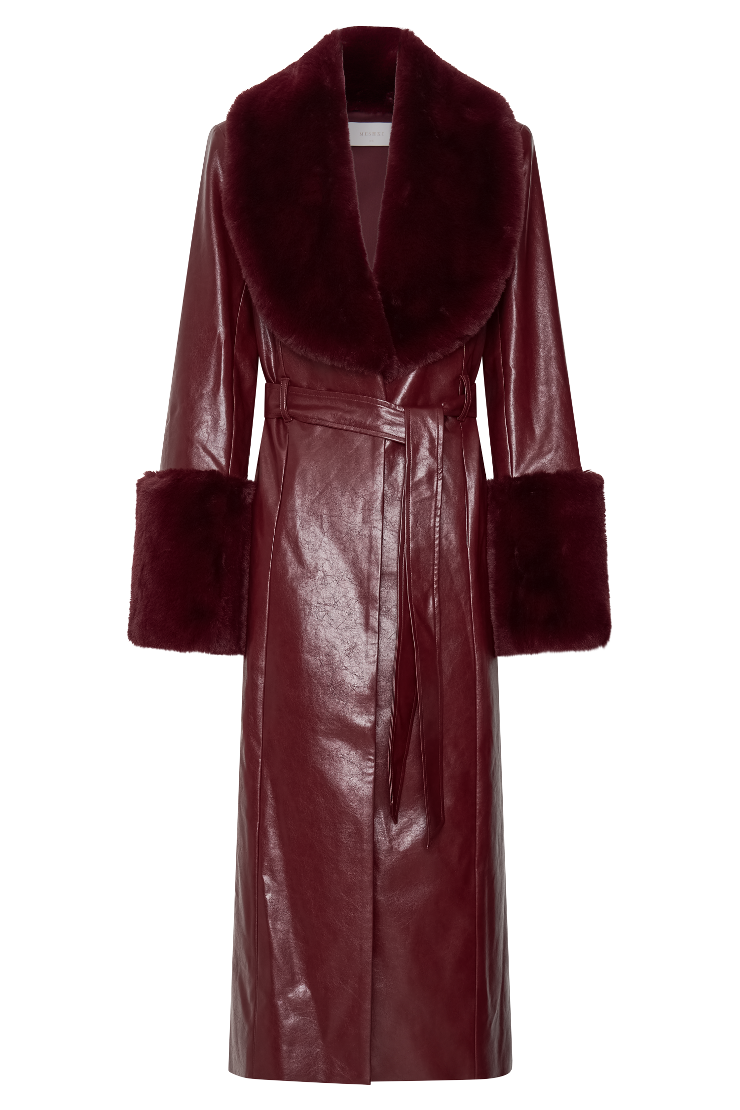 Faux Leather Trench Coat with Faux Fur Trim | BEC Cherry Red