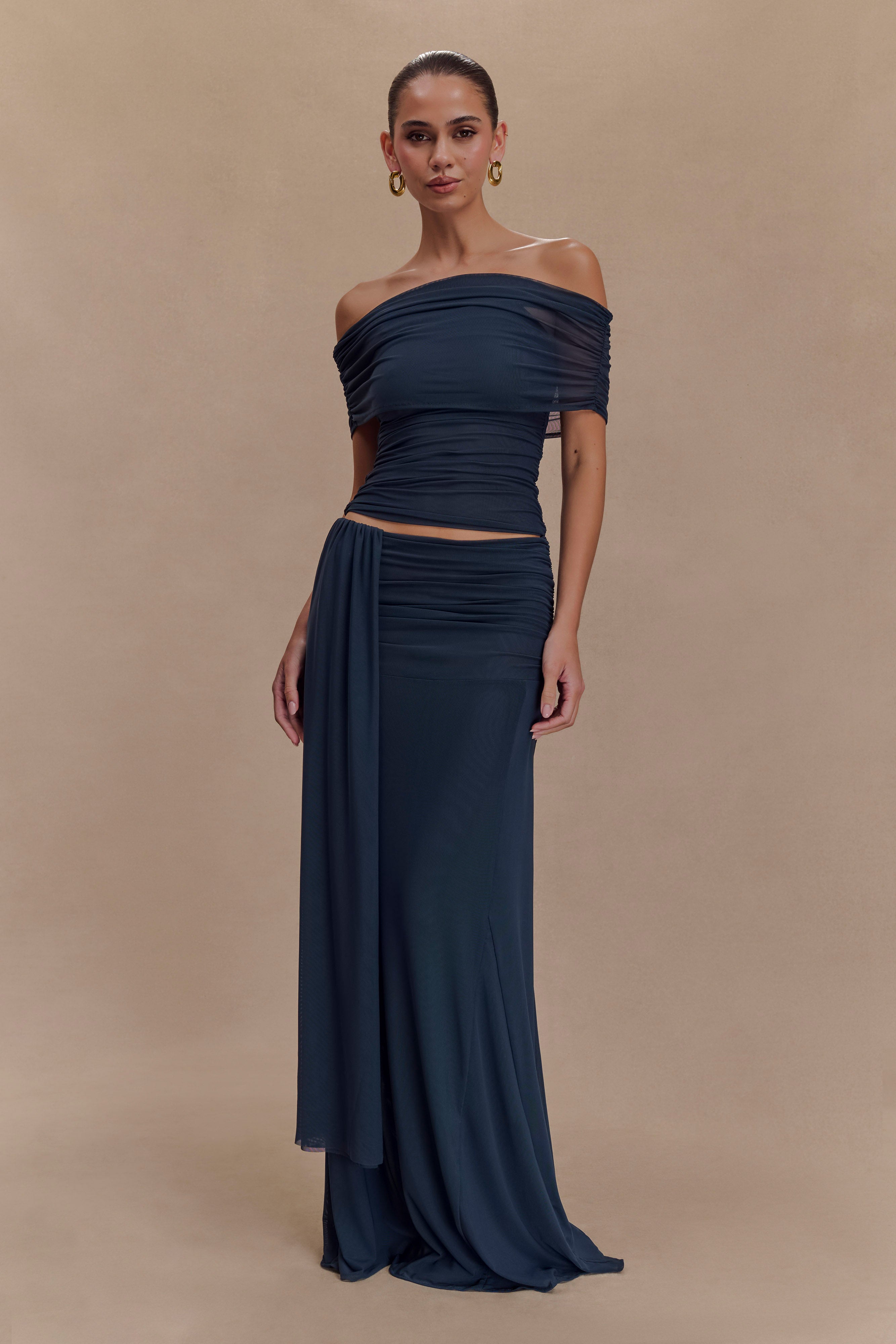 Mesh Maxi Skirt with Side Zip & Lining | Arna - Midnight Blue