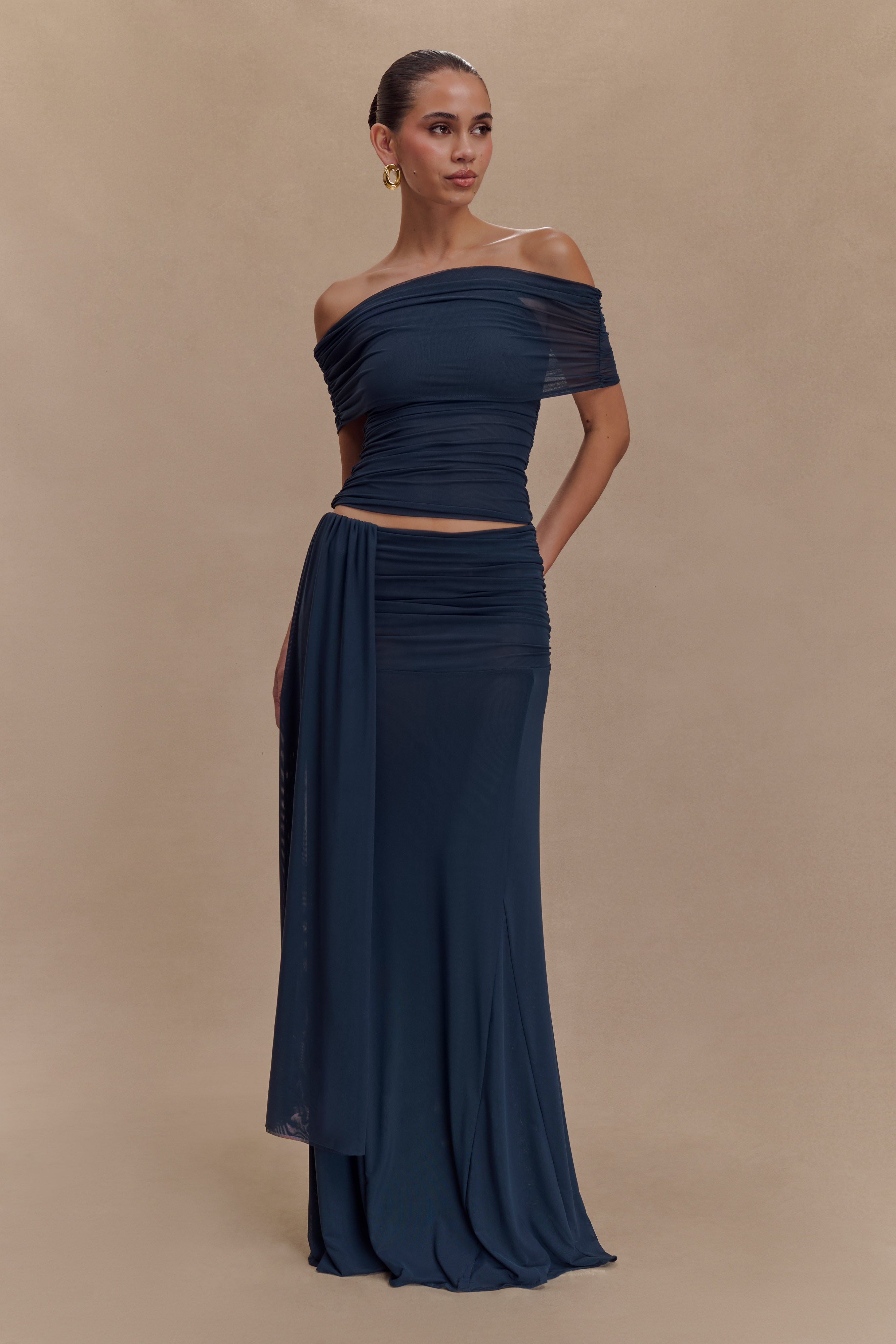 Mesh Maxi Skirt with Side Zip & Lining | Arna - Midnight Blue