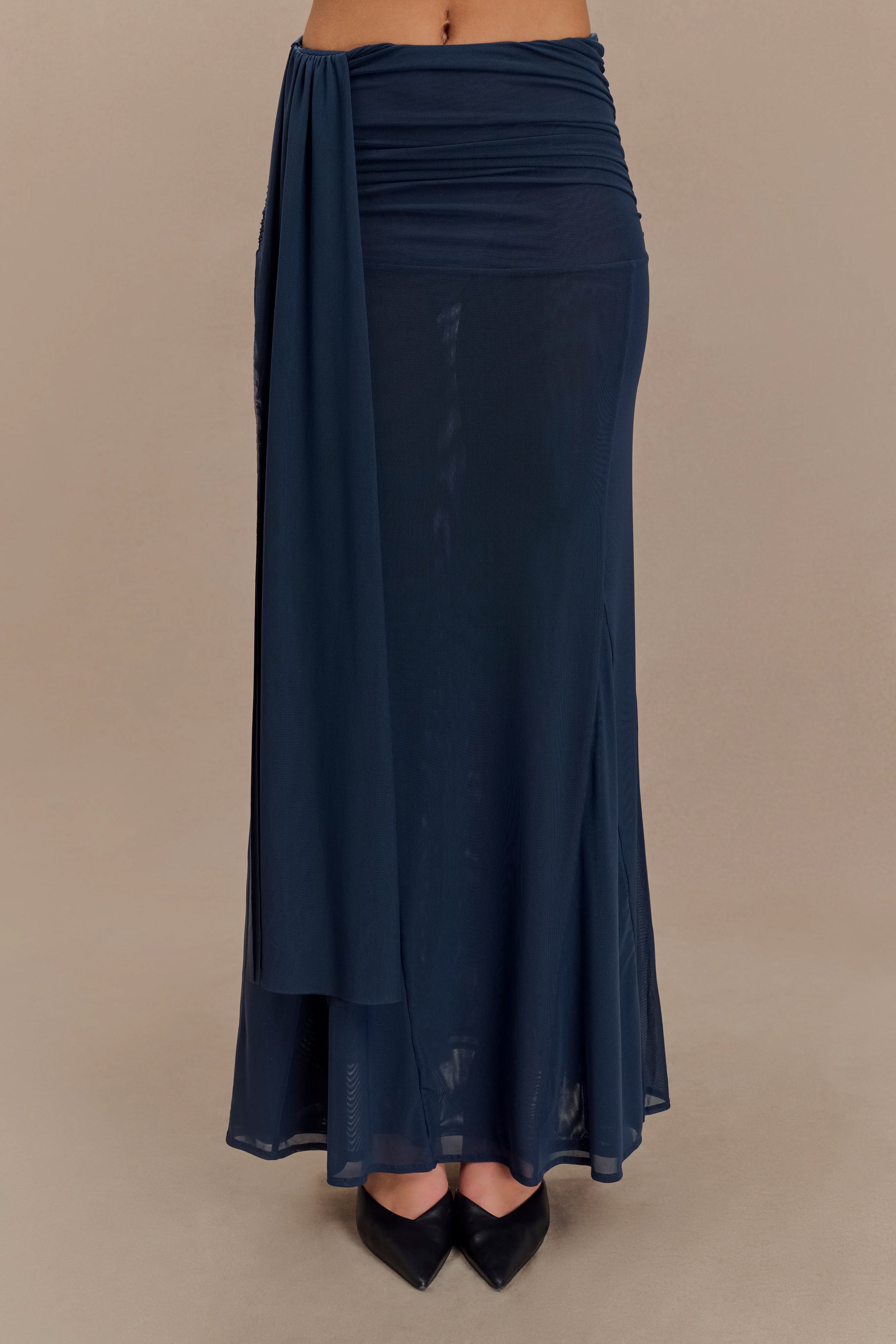 Mesh Maxi Skirt with Side Zip & Lining | Arna - Midnight Blue