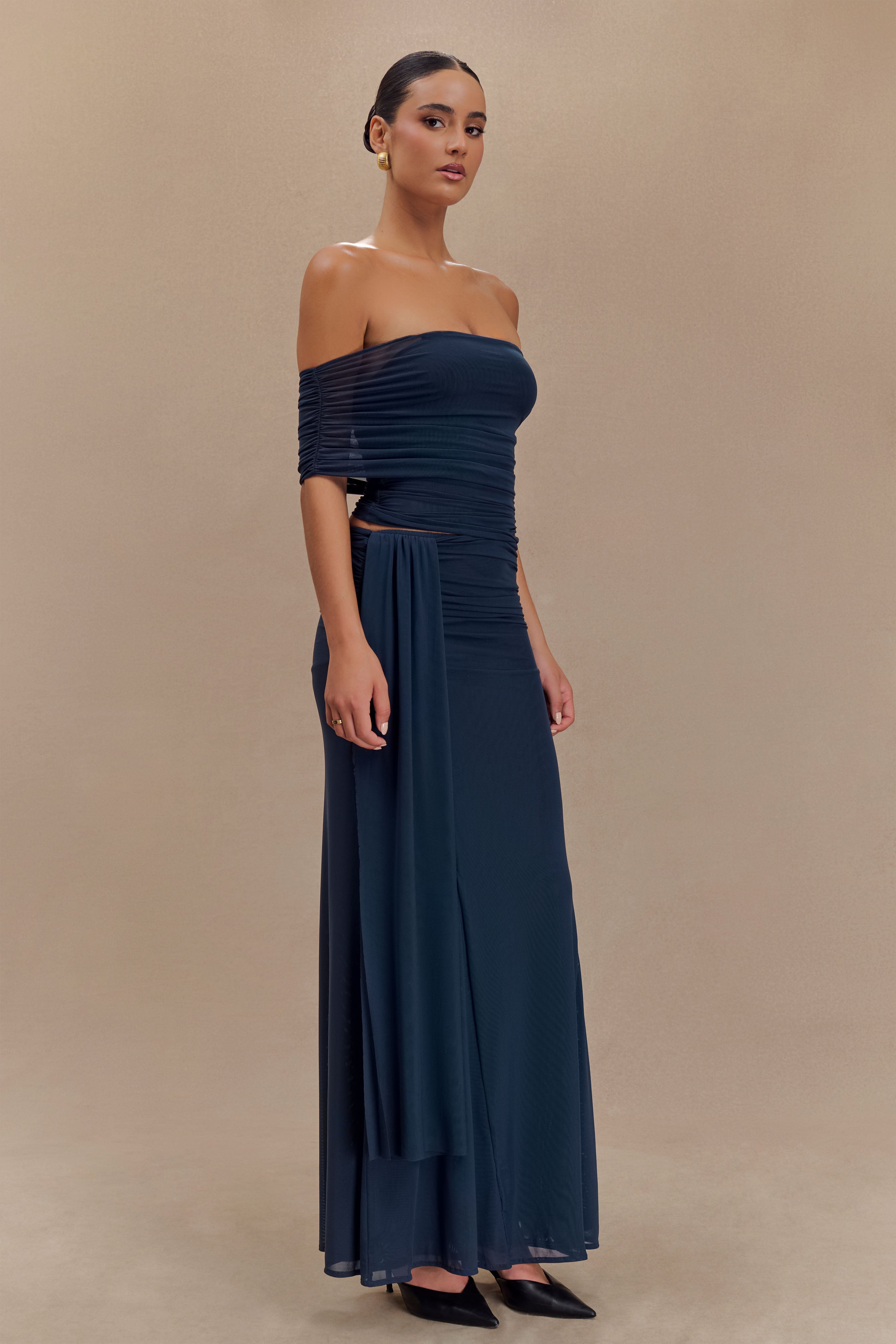 Mesh Maxi Skirt with Side Zip & Lining | Arna - Midnight Blue