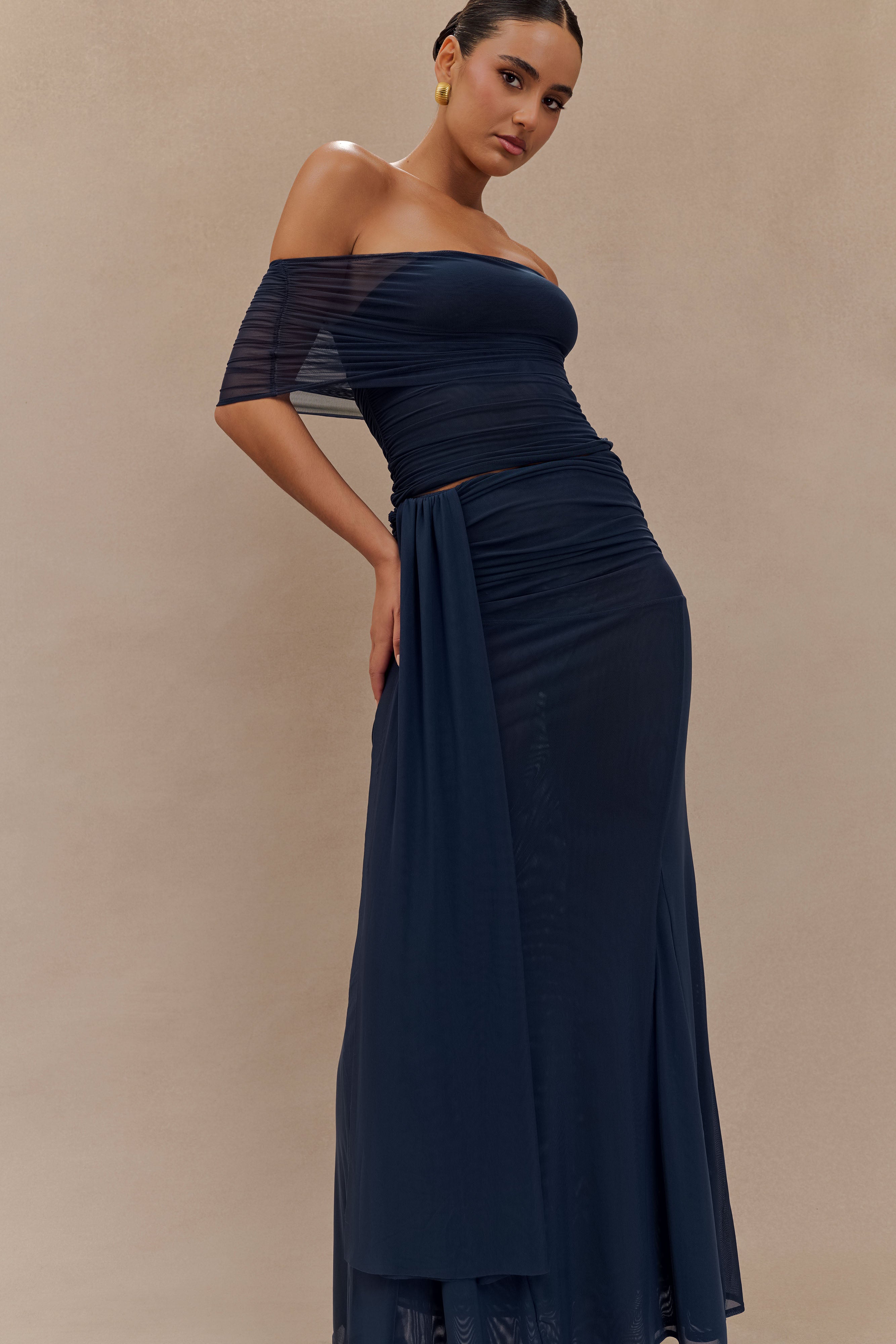 Mesh Maxi Skirt with Side Zip & Lining | Arna - Midnight Blue
