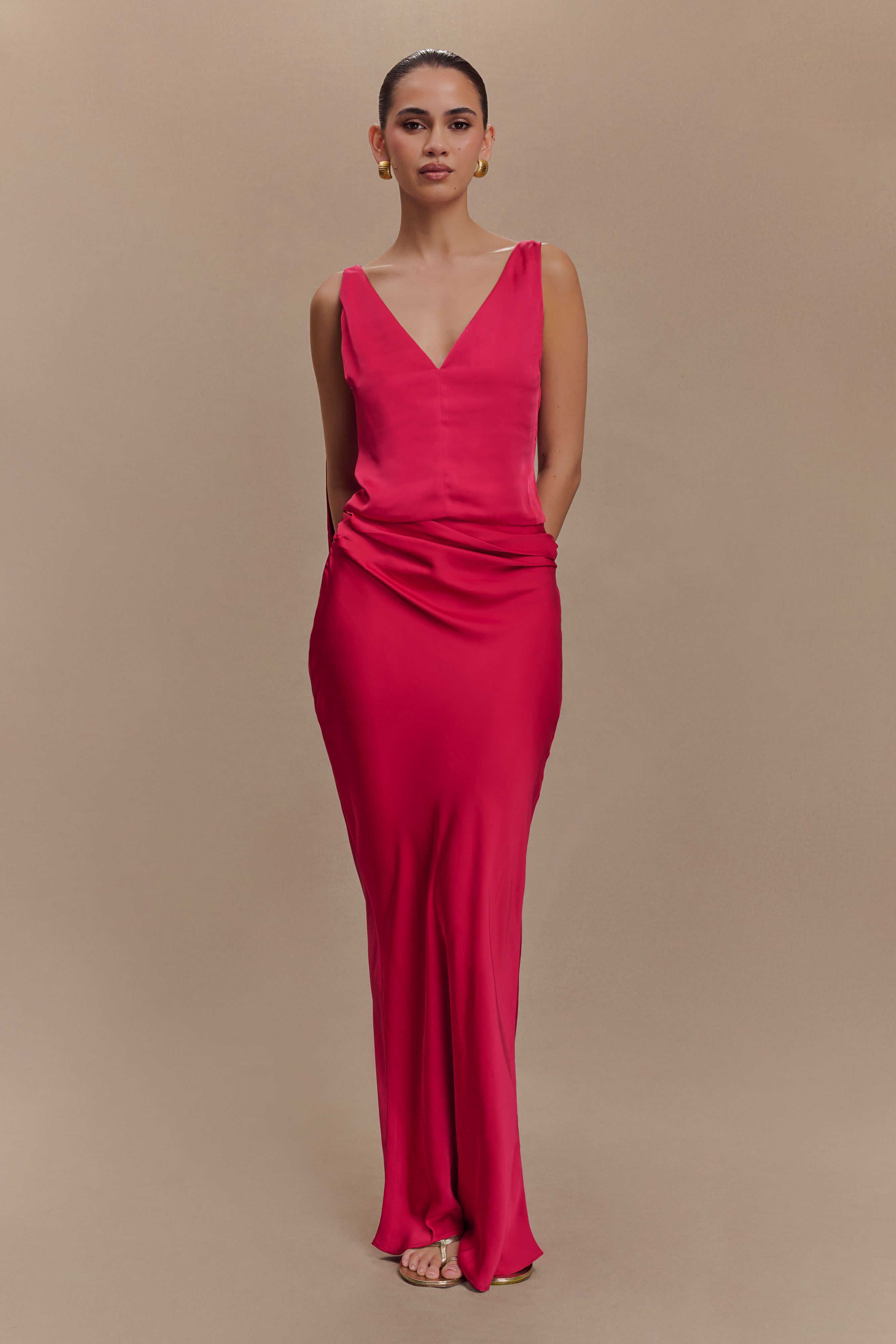 Satin Asymmetric Maxi Skirt with Fishtail Hem | Nicola Pink Cherry