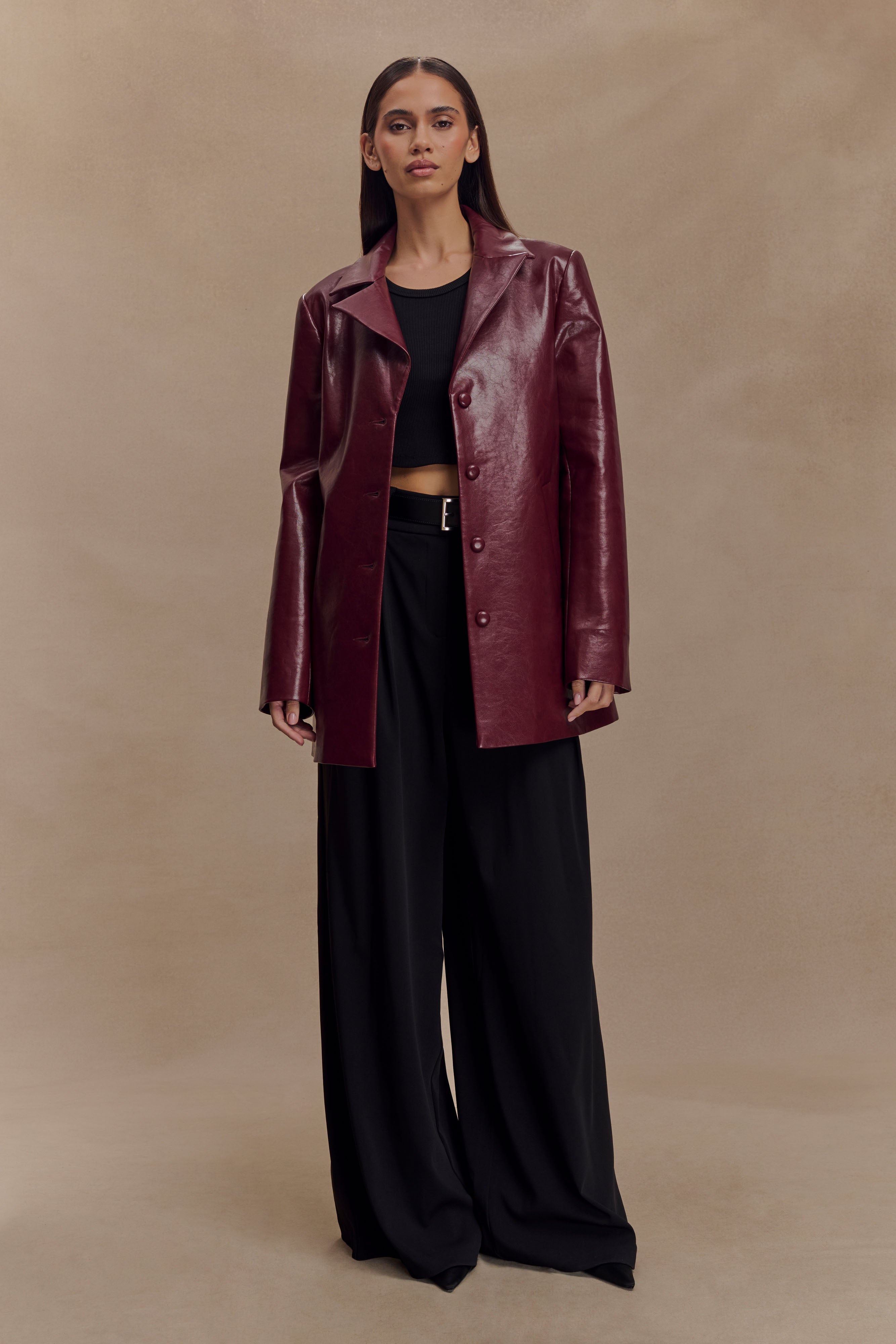 Faux Leather Coat with Peaked Lapel & Shoulder Pads | Deborah Cherry Red
