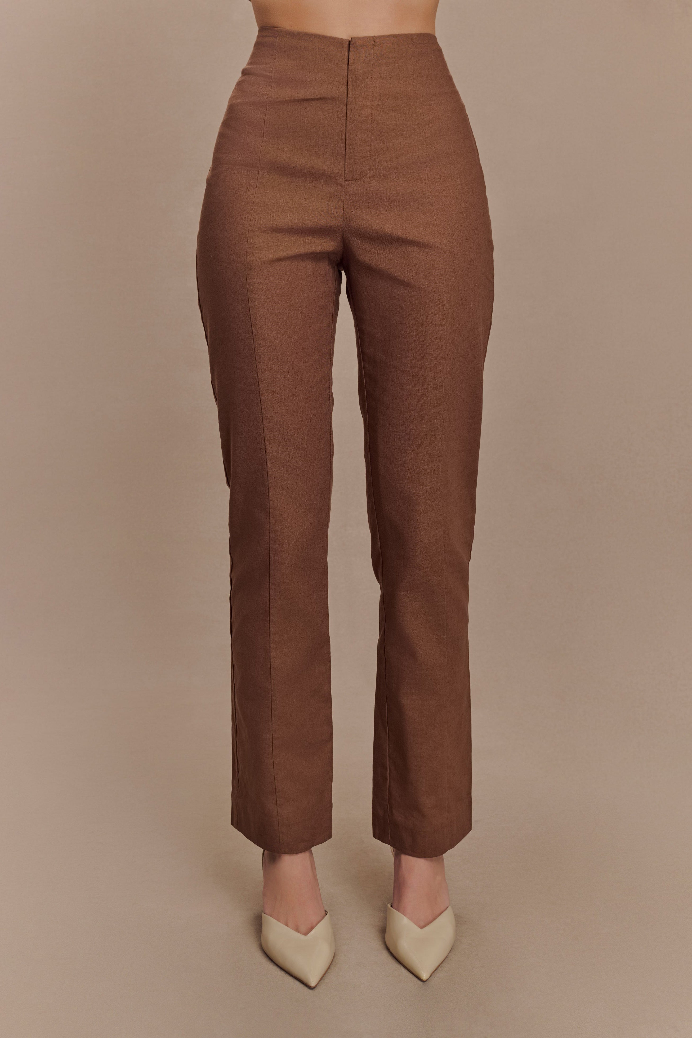 High-Waisted Linen Pants with Side Zip | Dora Straight Leg - Cacao Brown
