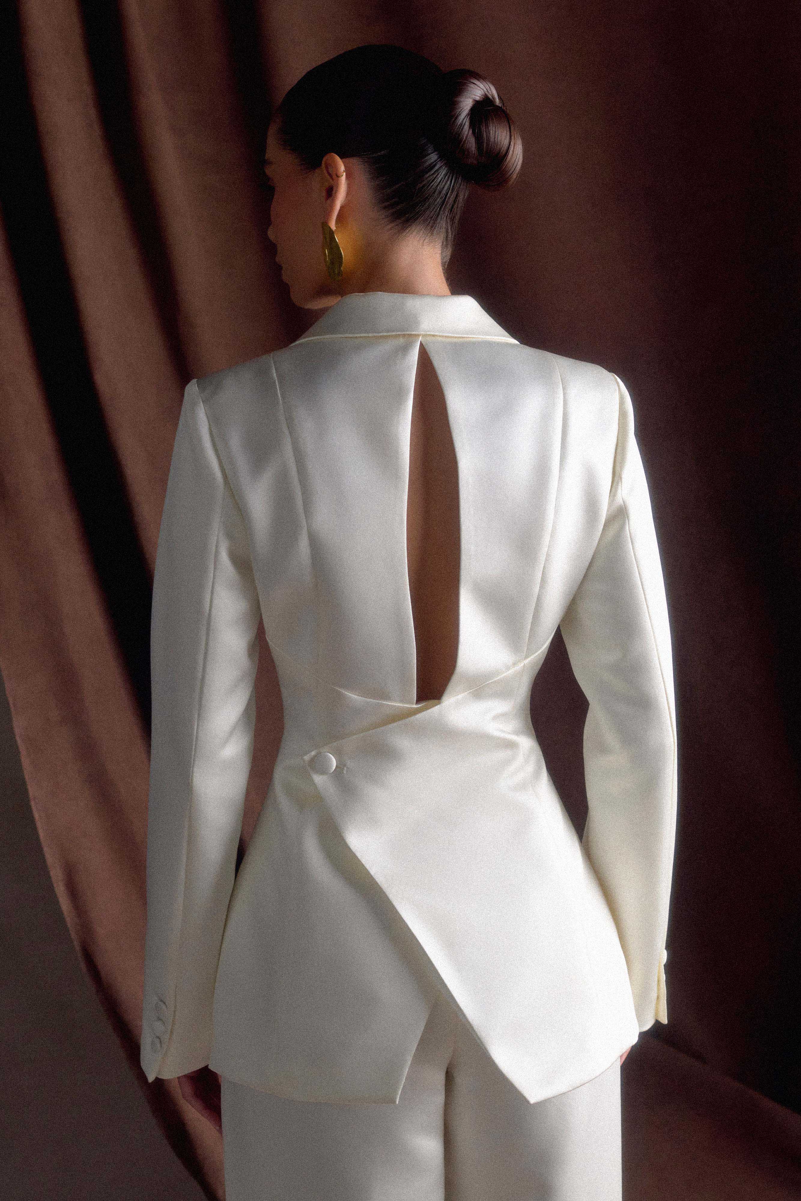 Tailored Satin Blazer with Open Back & Strong Shoulders | Ada Ivory