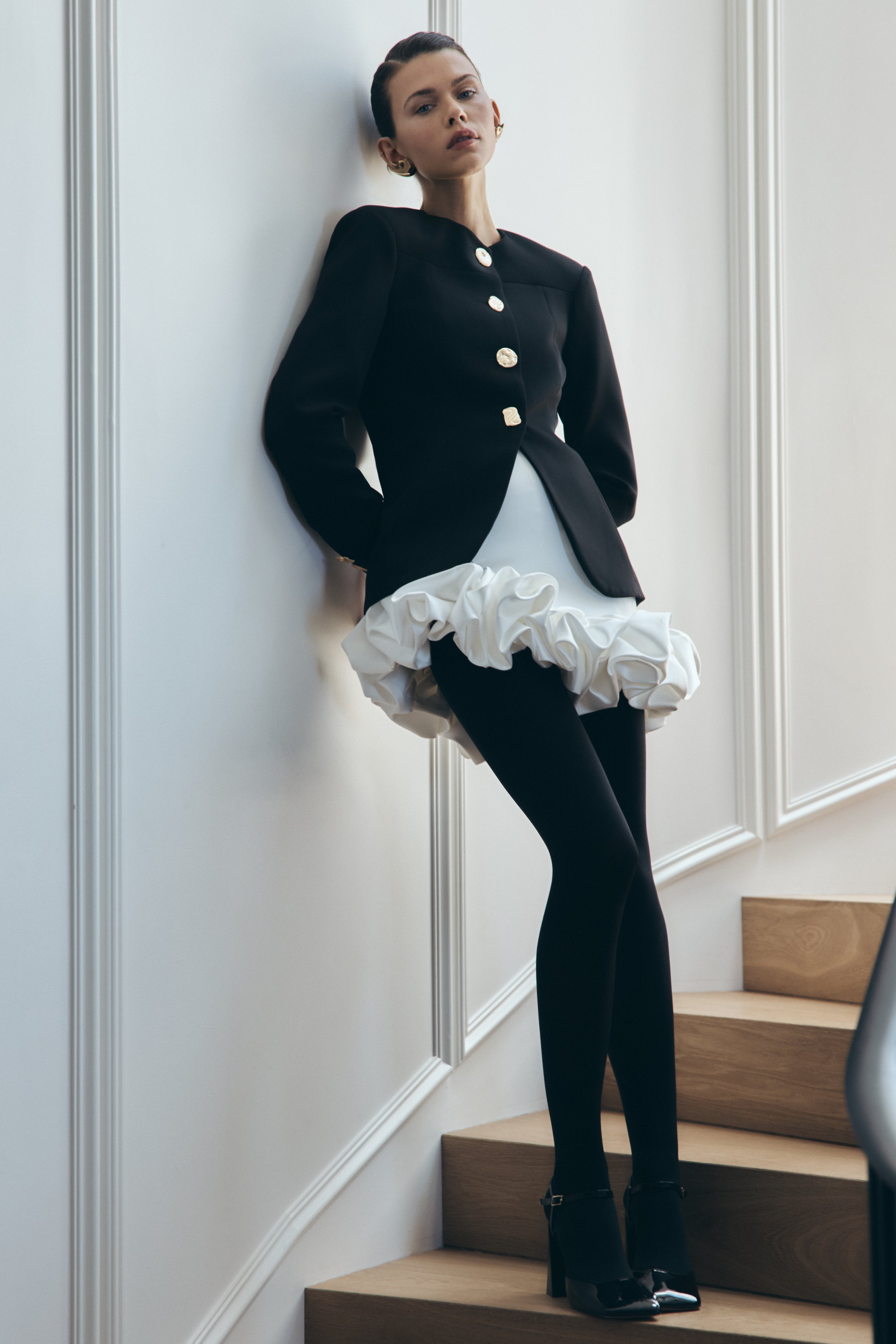 Black Mixed Button Blazer with Round Neckline | ASIA