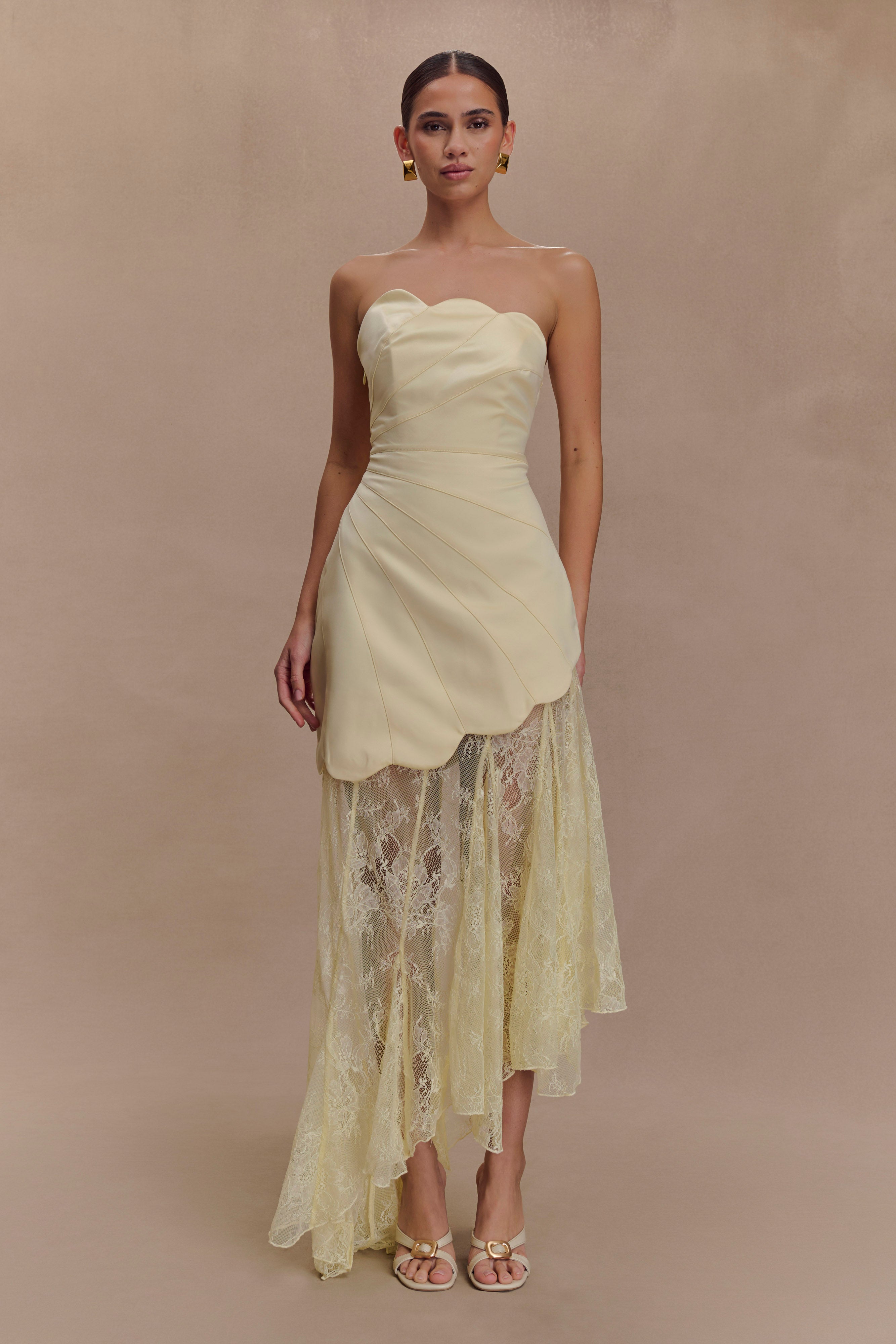 Strapless Satin & Lace Maxi Dress with Boning | Aleena