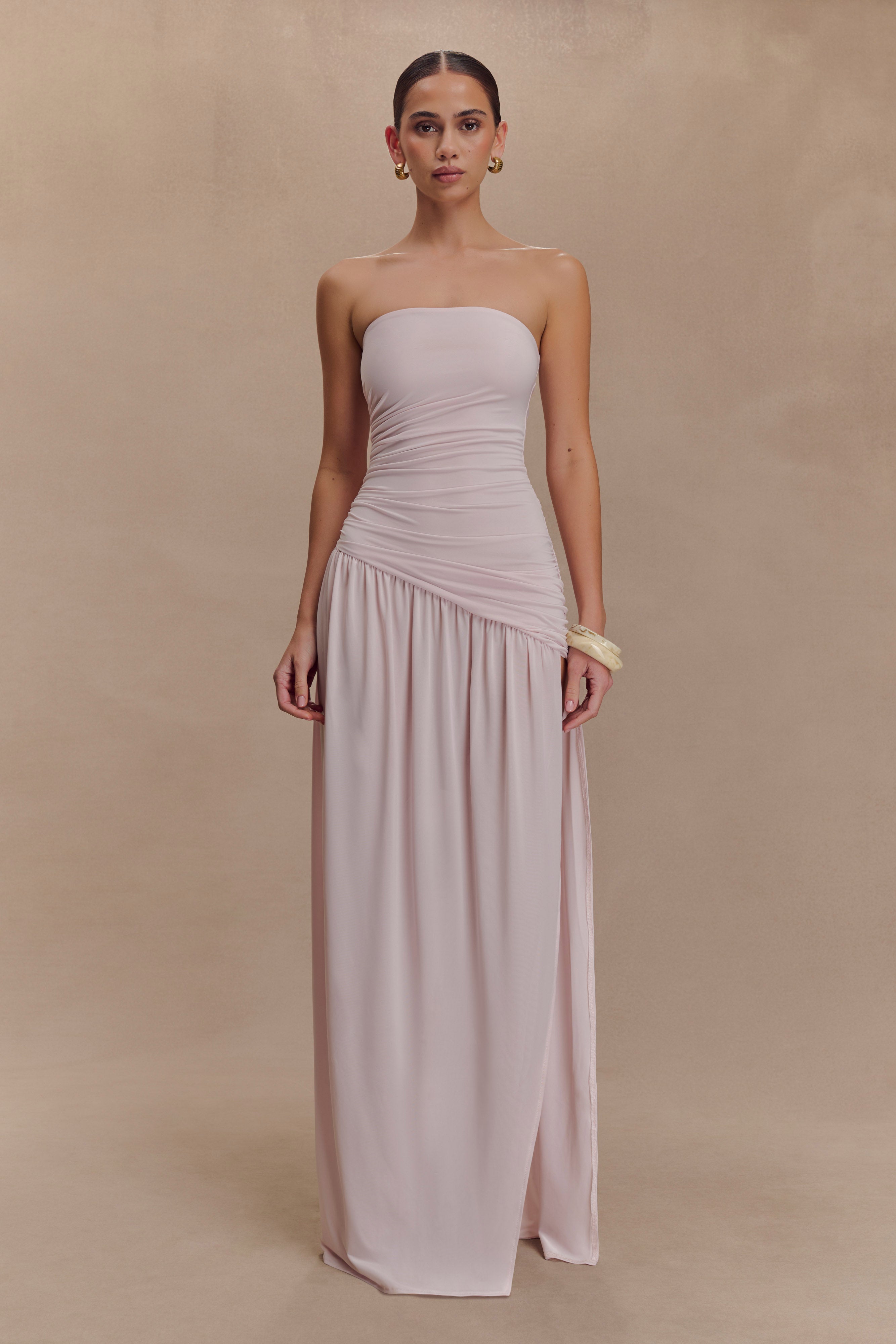 Strapless Maxi Dress with Side Split & Ruched Bodice | Bex