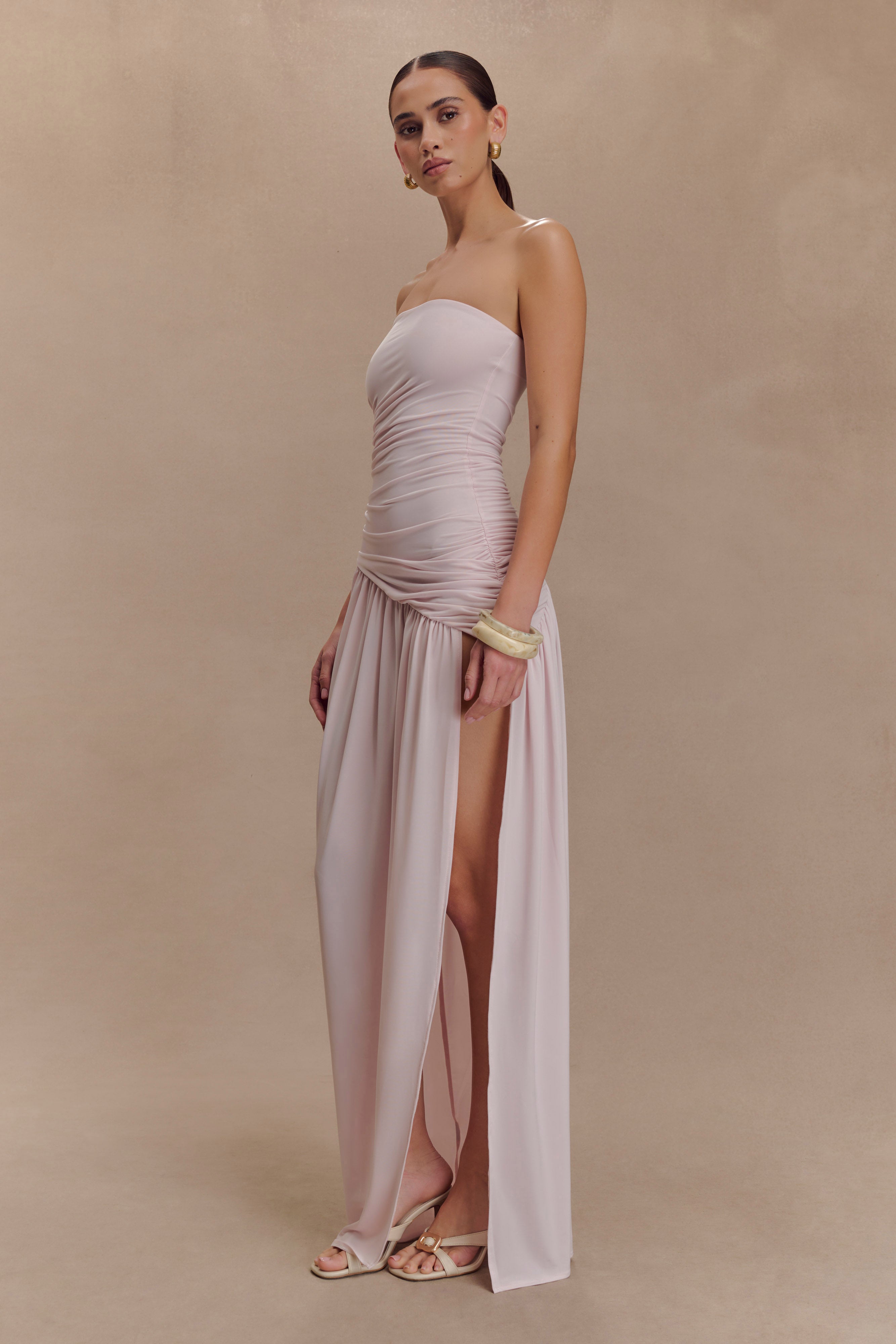 Strapless Maxi Dress with Side Split & Ruched Bodice | Bex