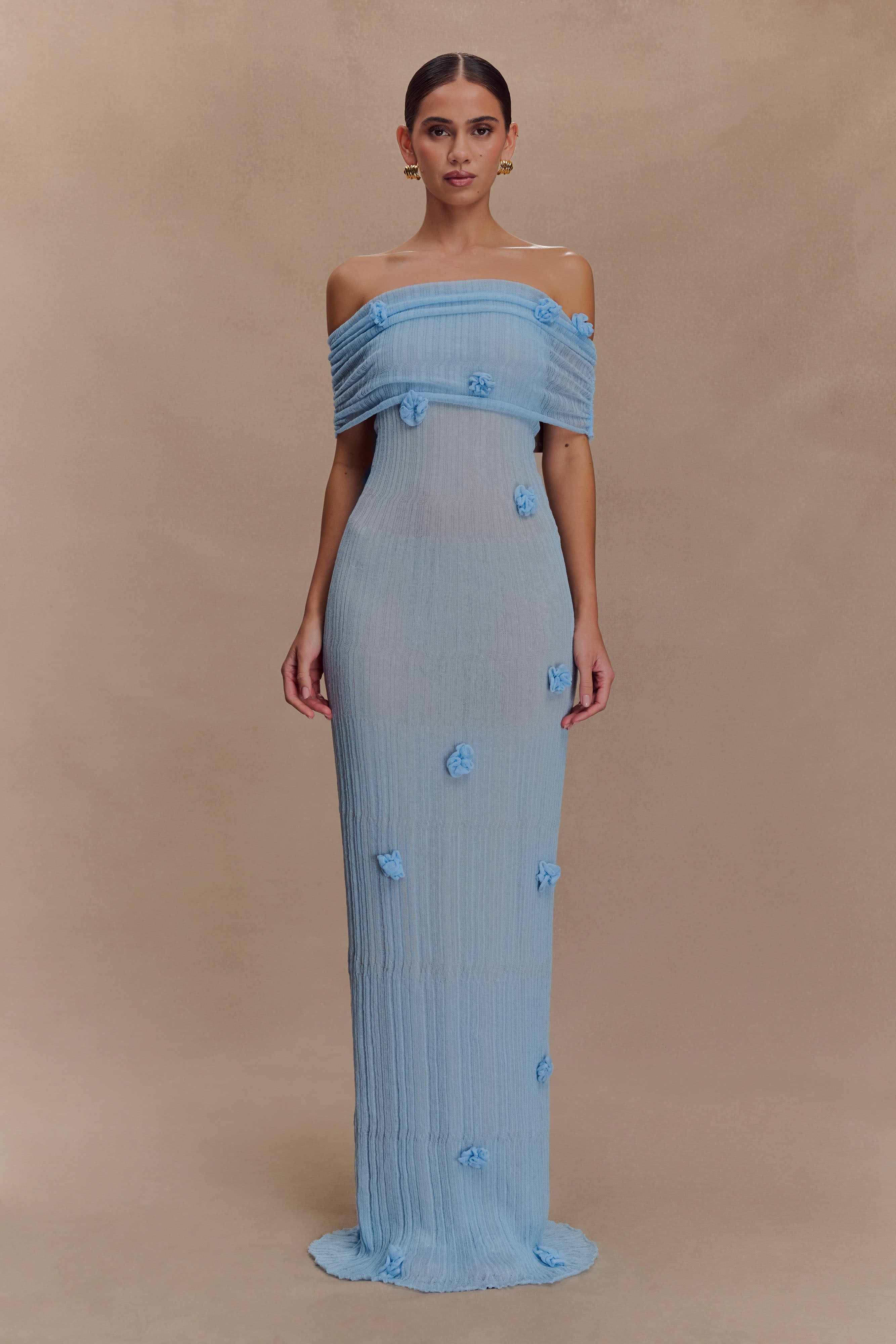 Off-the-Shoulder Knit Maxi Dress with Floral Appliqués | Brynn Baby Blue