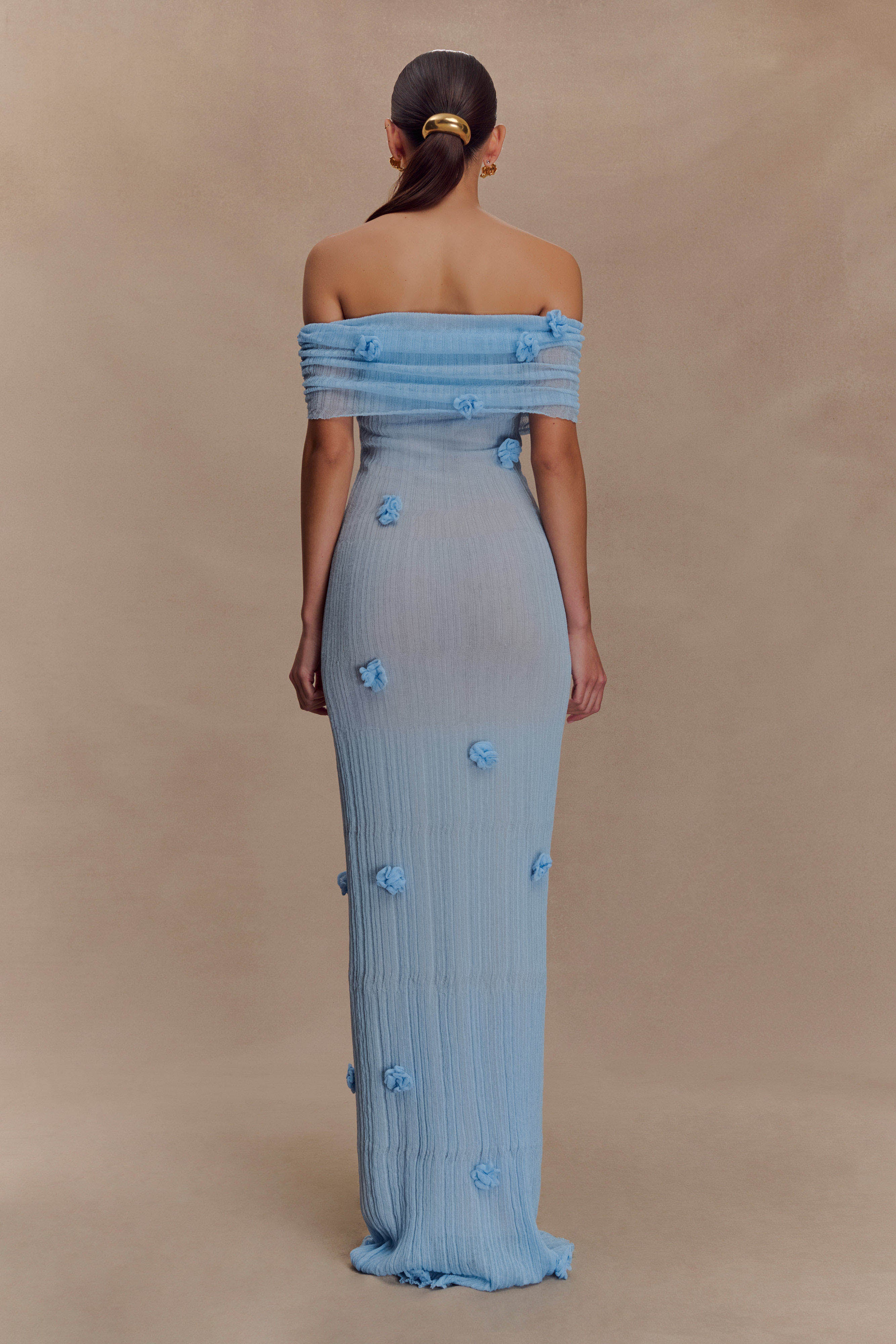 Off-the-Shoulder Knit Maxi Dress with Floral Appliqués | Brynn Baby Blue