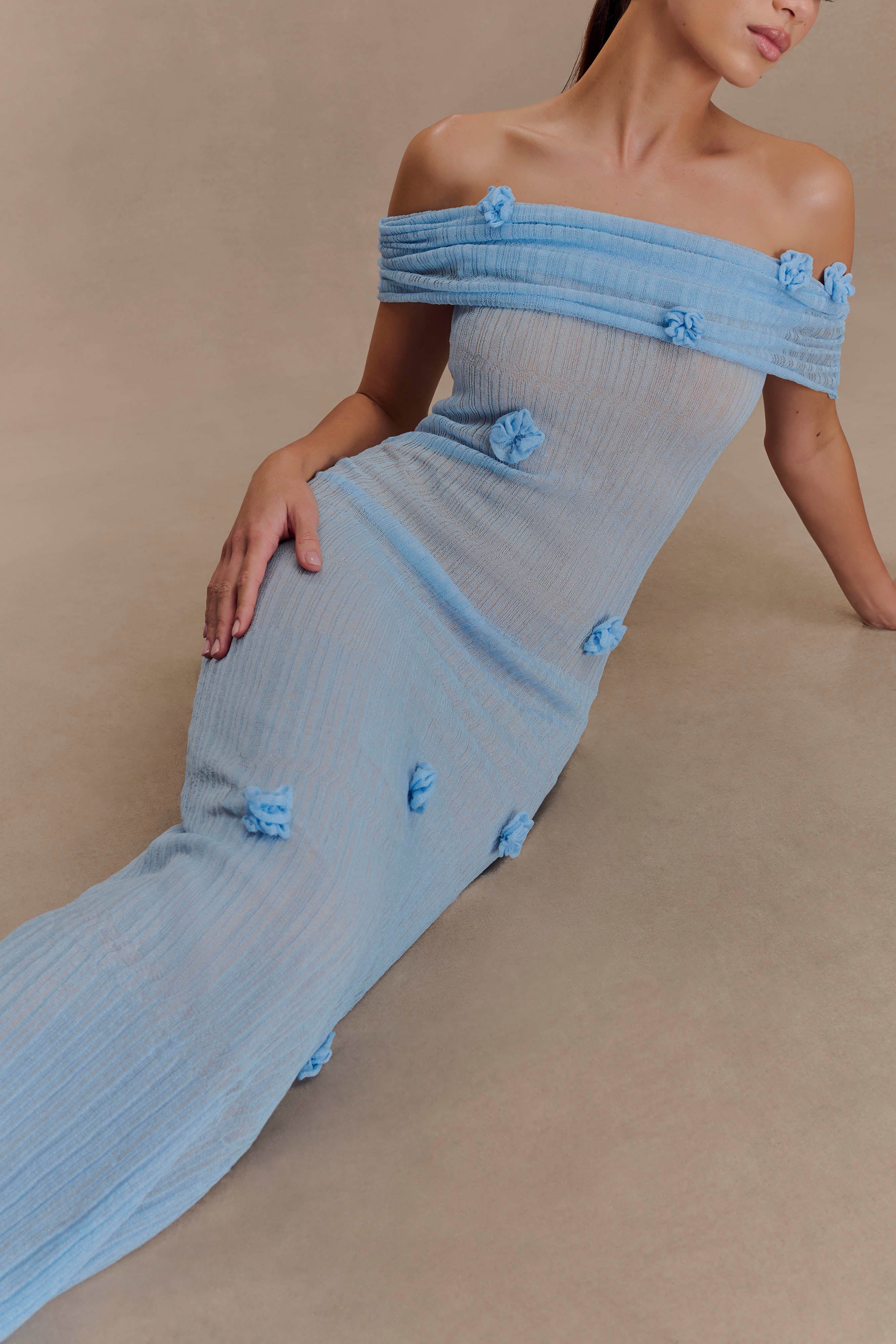 Off-the-Shoulder Knit Maxi Dress with Floral Appliqués | Brynn Baby Blue