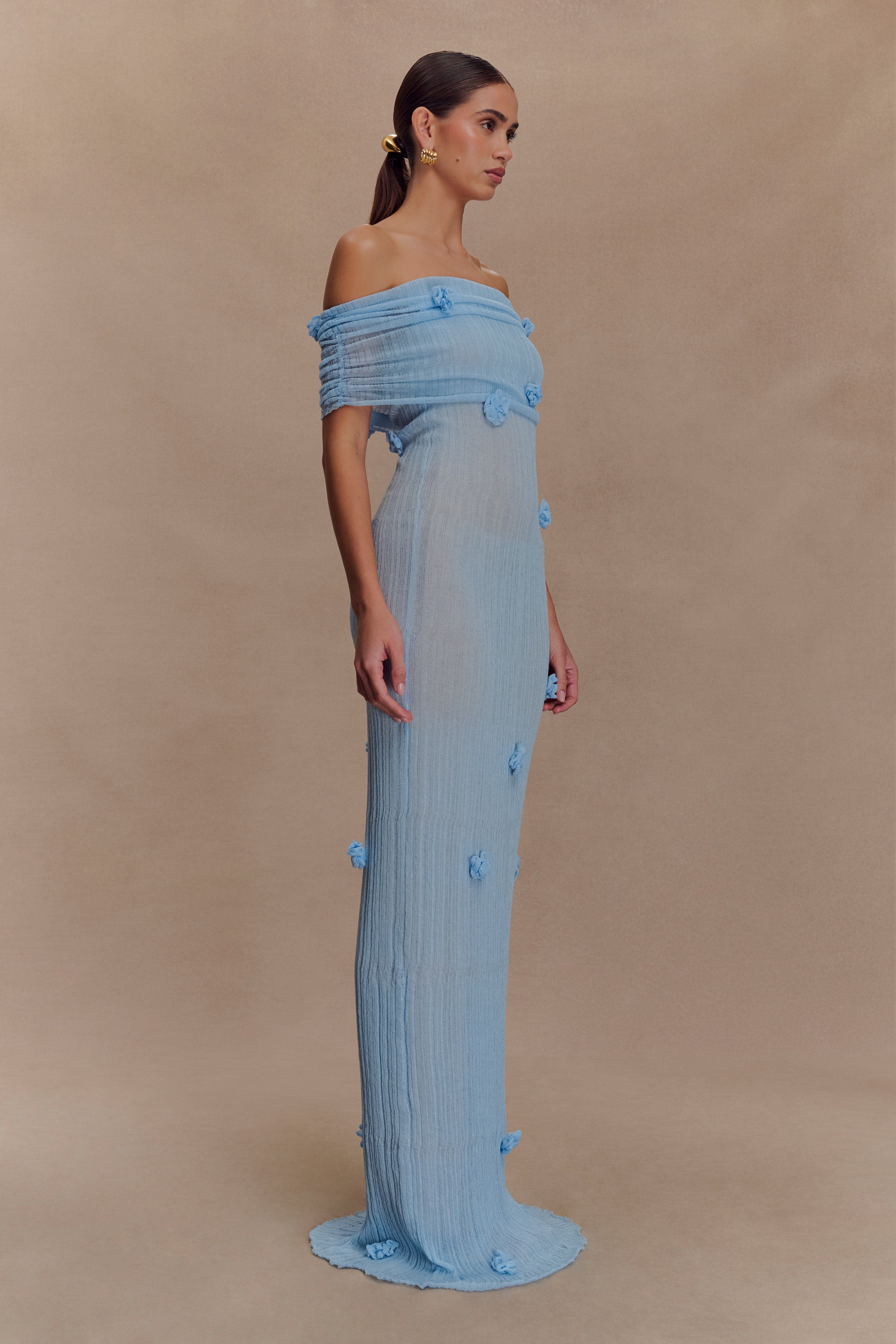 Off-the-Shoulder Knit Maxi Dress with Floral Appliqués | Brynn Baby Blue