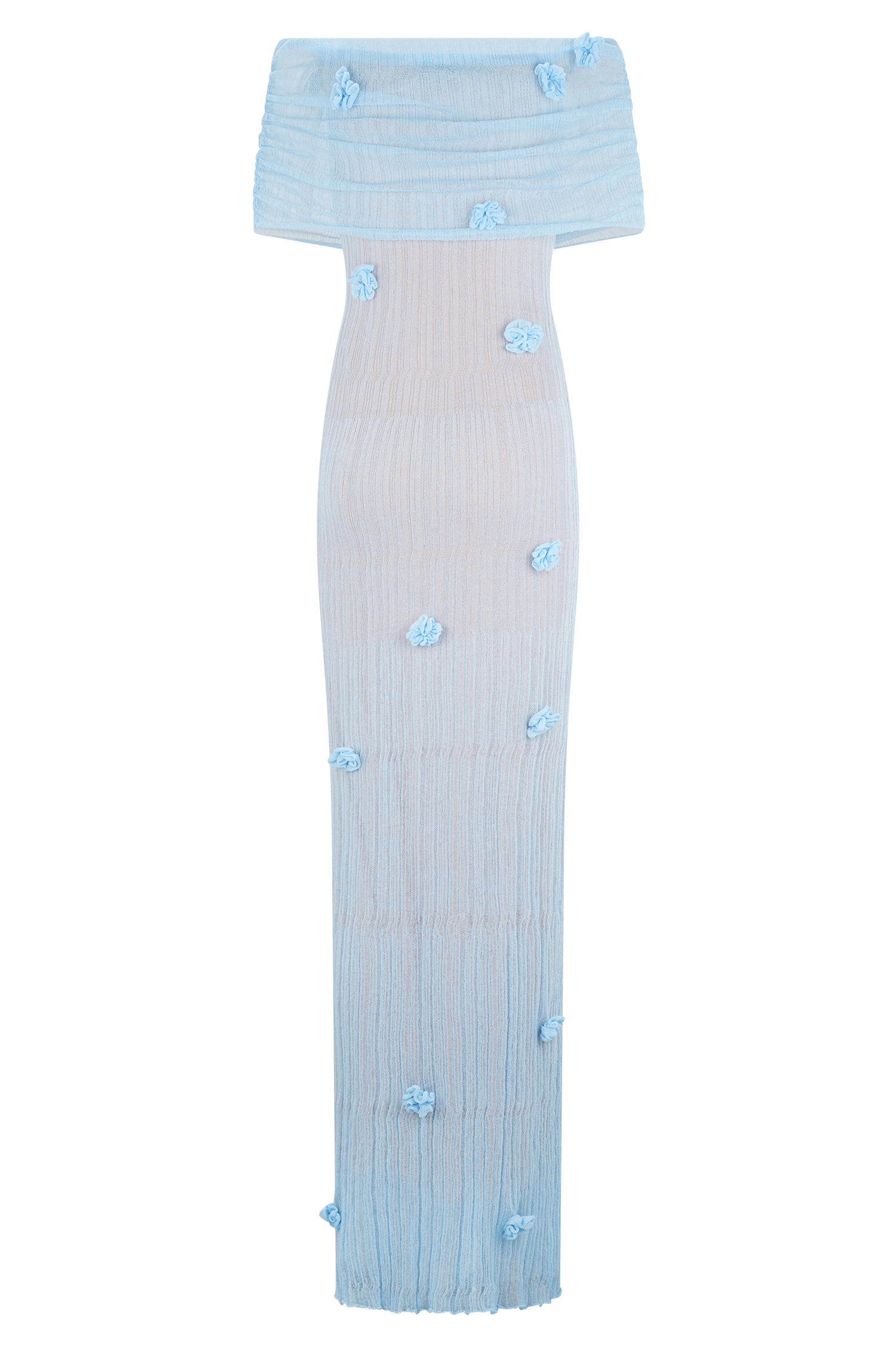 Off-the-Shoulder Knit Maxi Dress with Floral Appliqués | Brynn Baby Blue
