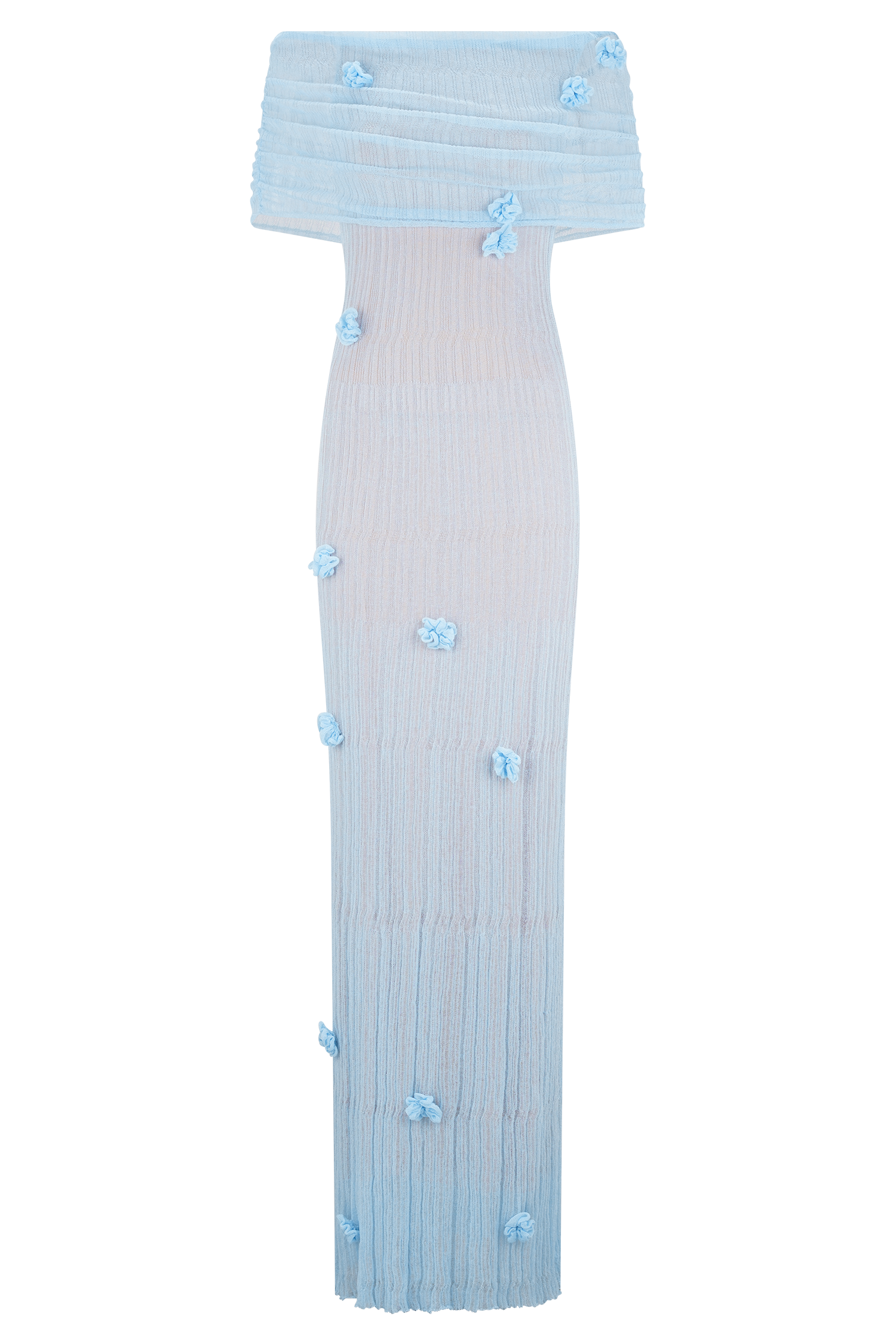 Off-the-Shoulder Knit Maxi Dress with Floral Appliqués | Brynn Baby Blue