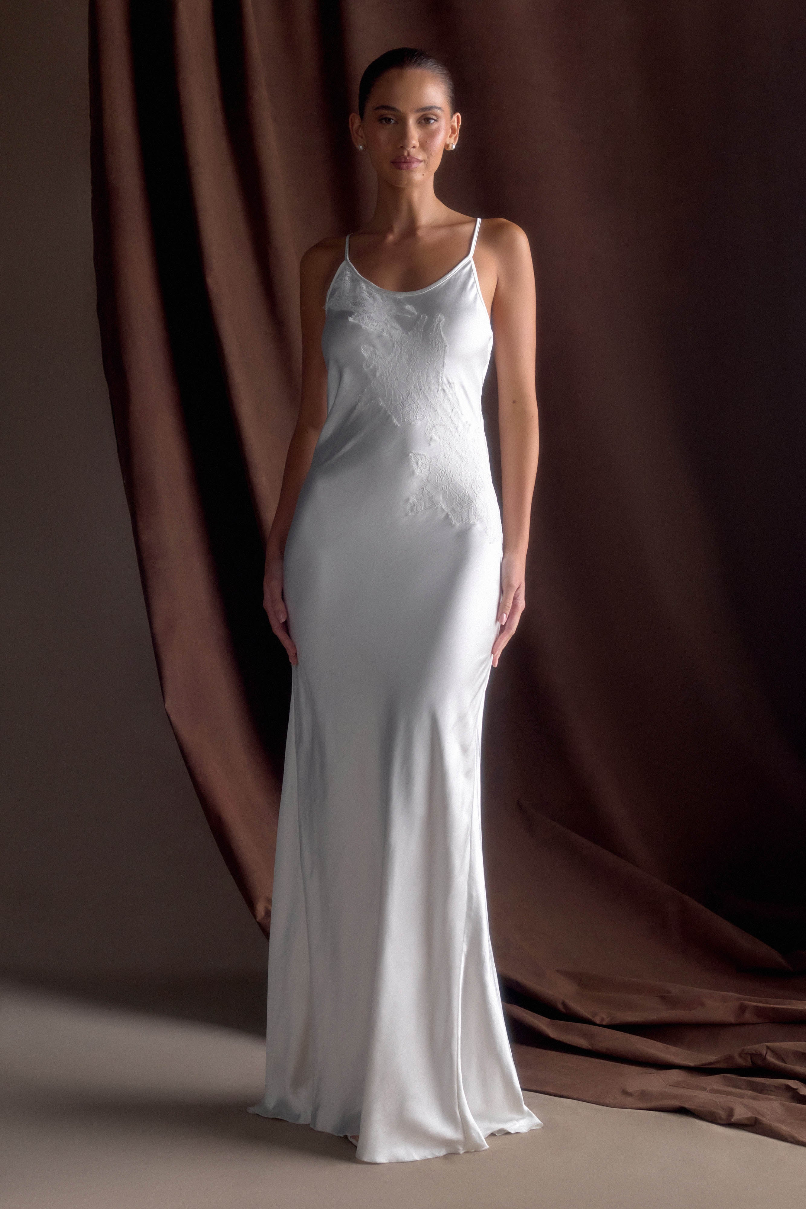 Satin Slip Maxi Dress with Lace Detailing & Adjustable Straps | Saylor Ivory
