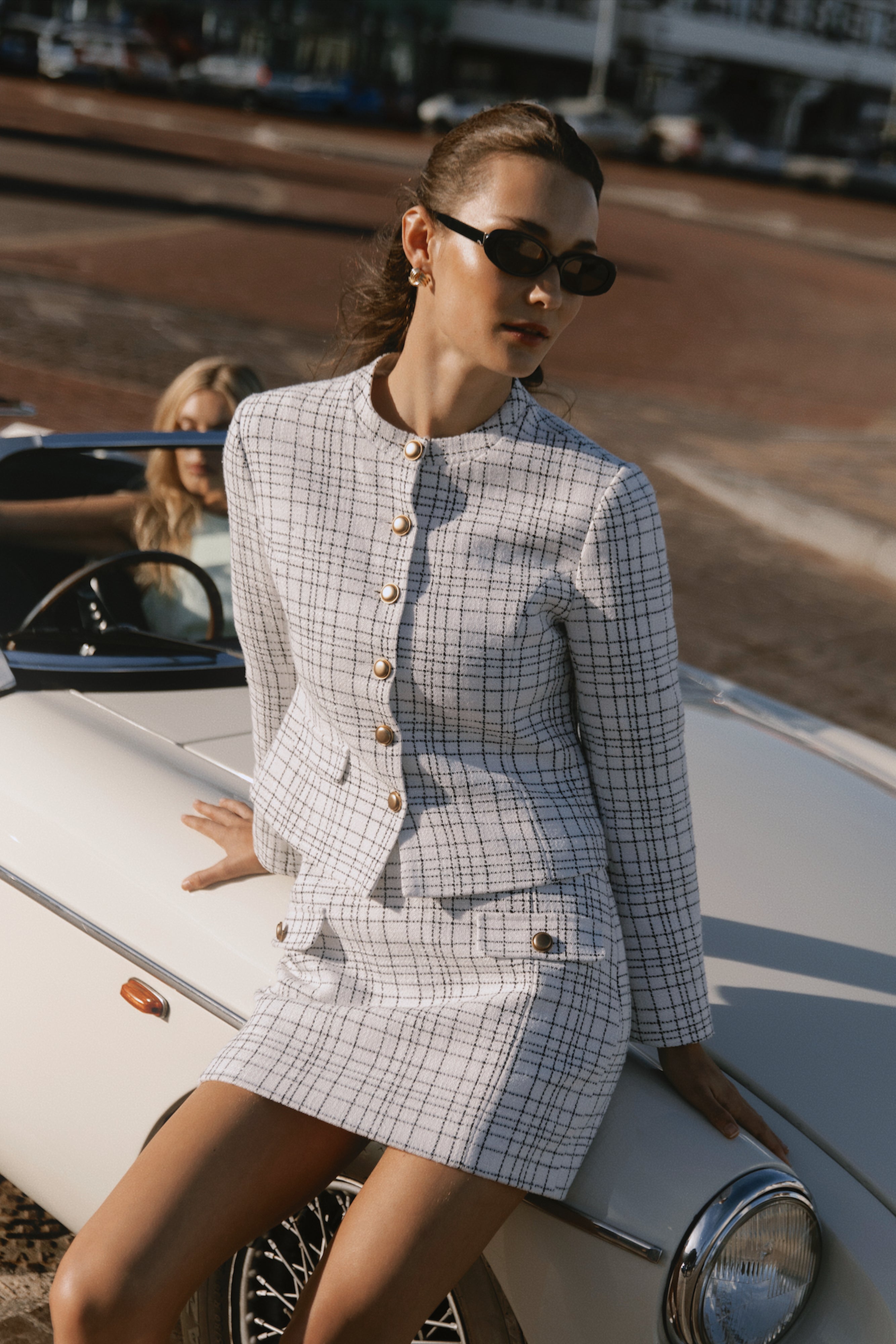 White Tweed Jacket with Cinched Waist & Gold Buttons | Priscilla