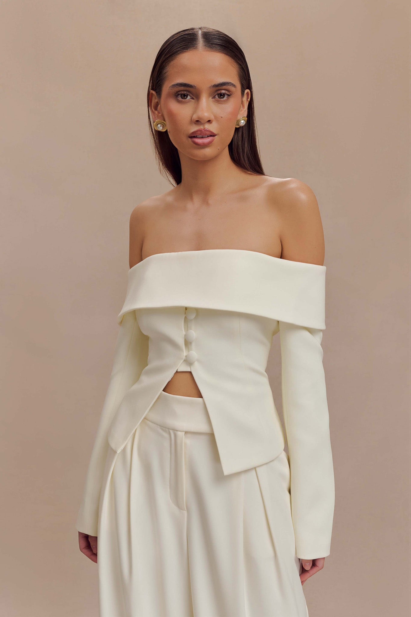 Off Shoulder Jacket Ivory | Celene Bardot Neckline Chic Style