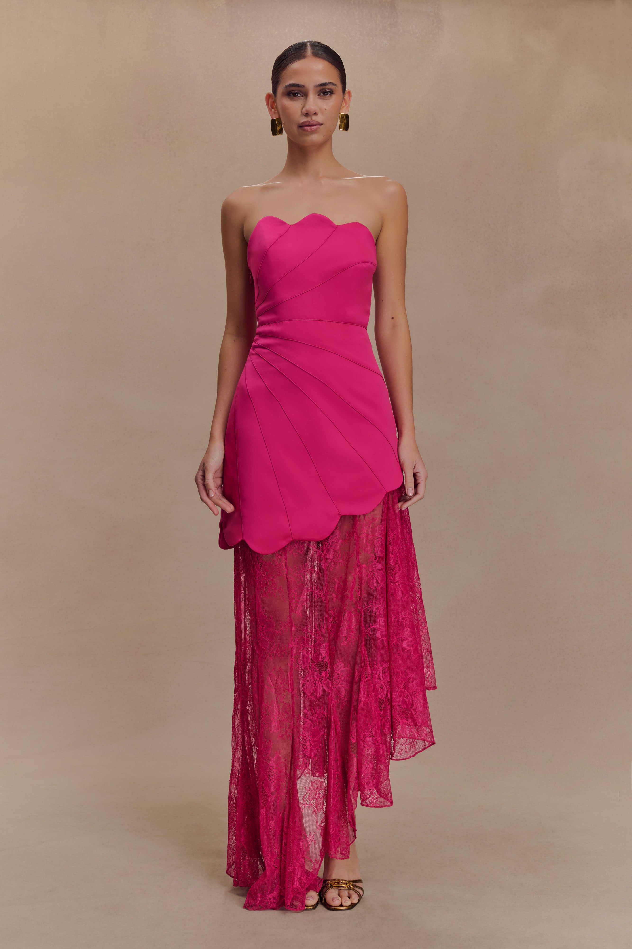 Strapless Satin & Lace Maxi Dress with Boning | Aleena Dragonfruit