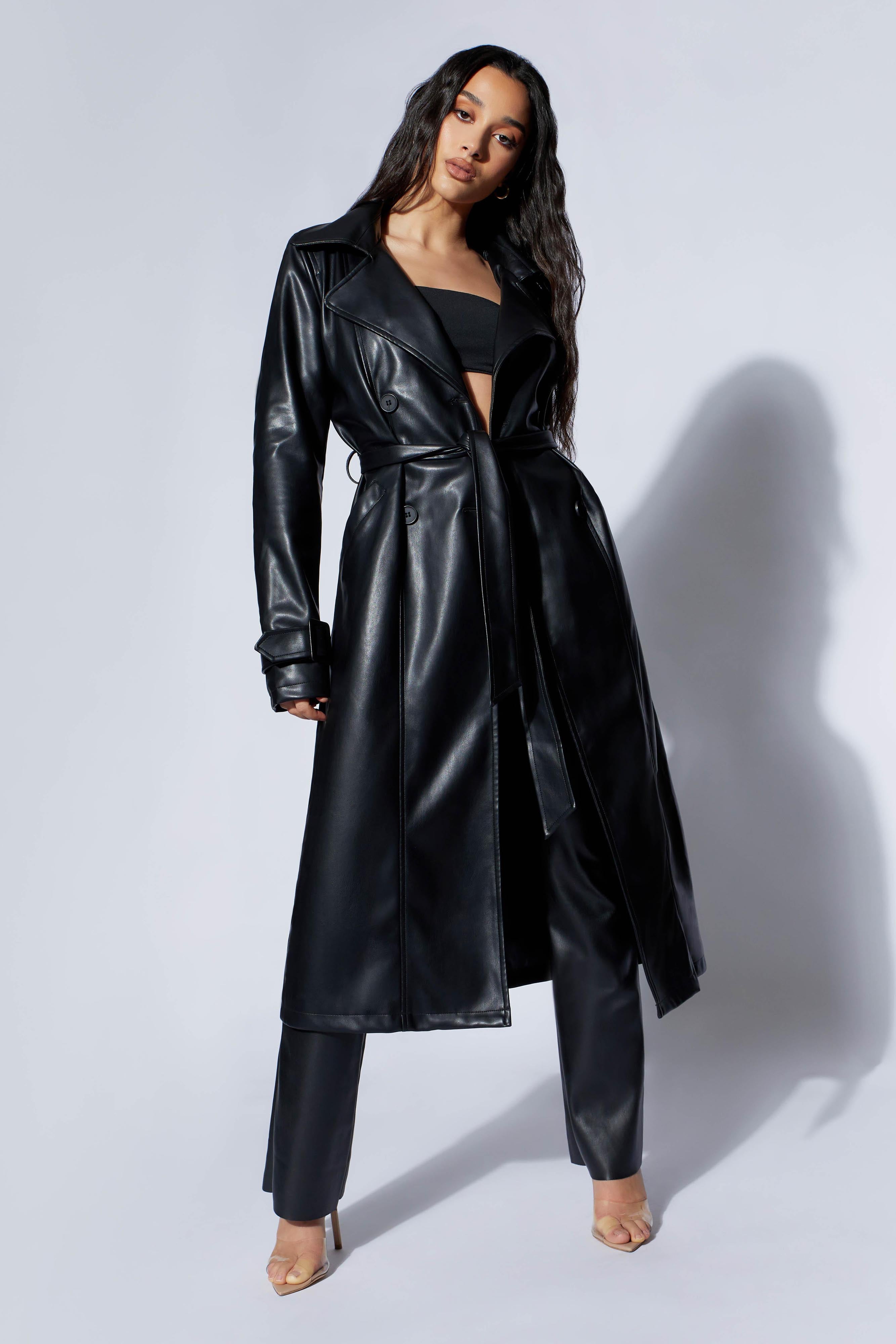 Black Trench Coat with Belt & Peak Lapels | ISLA by MESHKI