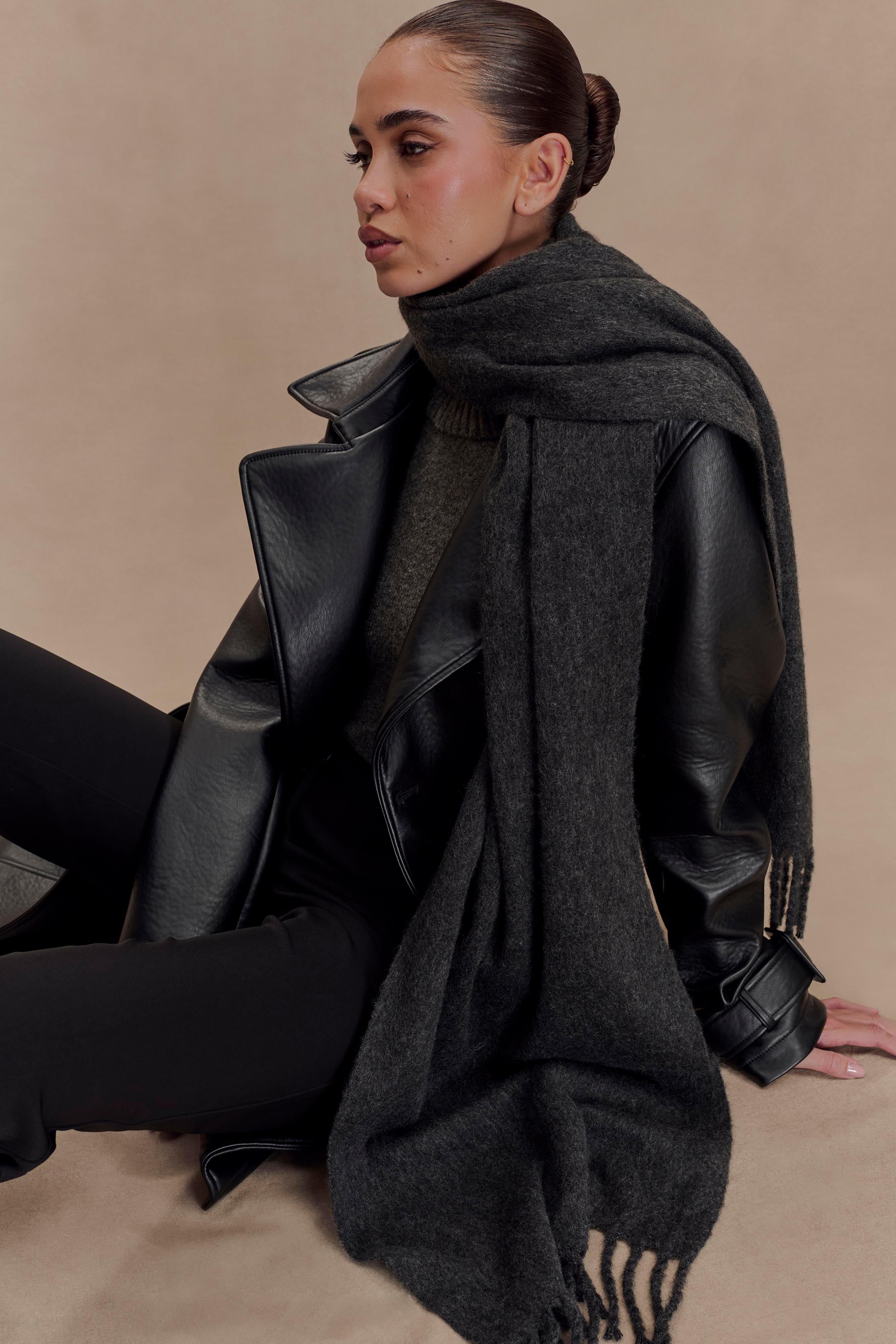 Soft Knit Scarf with Tassel Hem for Winter | MESHKI Charcoal Marle