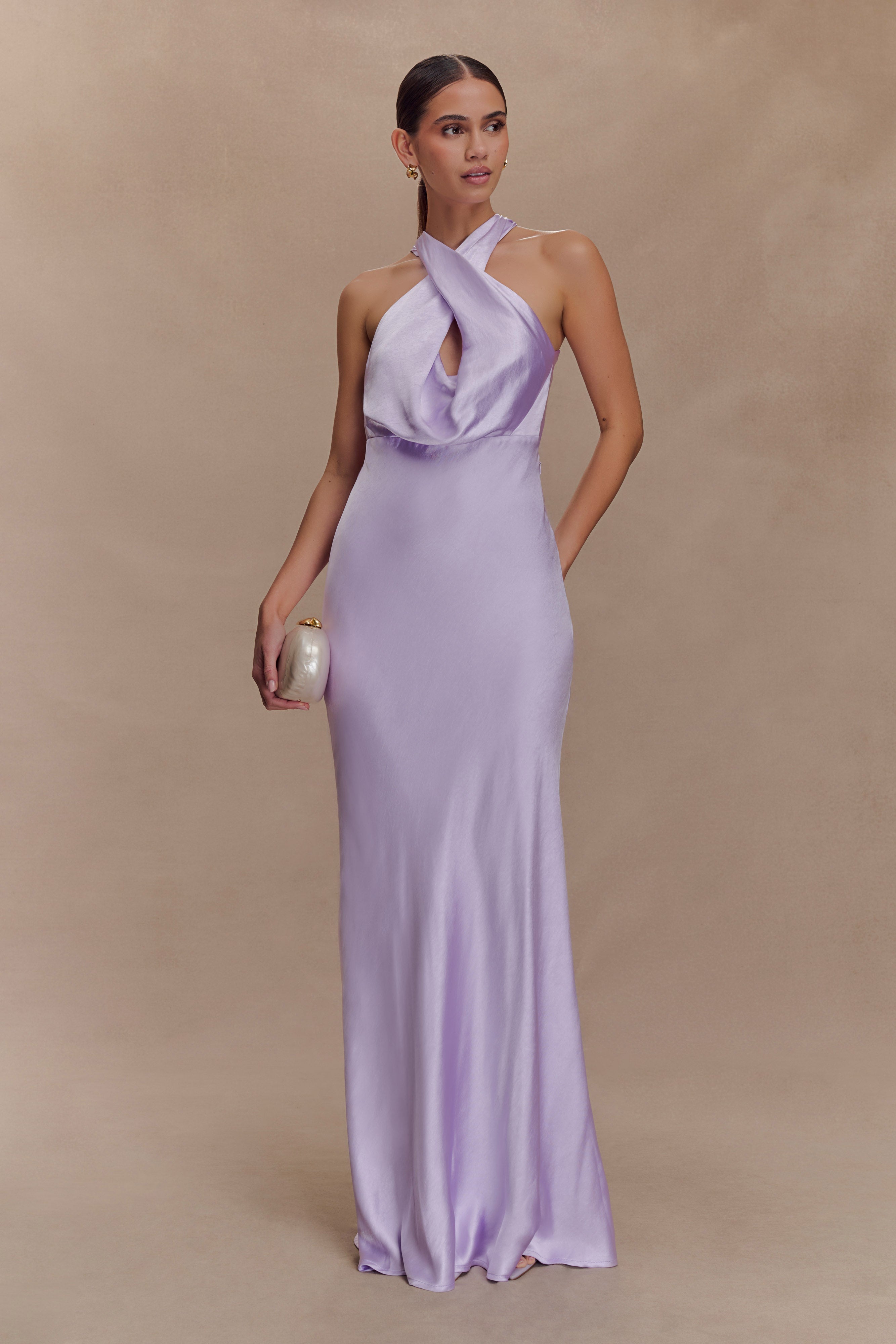 Satin Halter Maxi Dress with Open Back | Phyllis Lilac