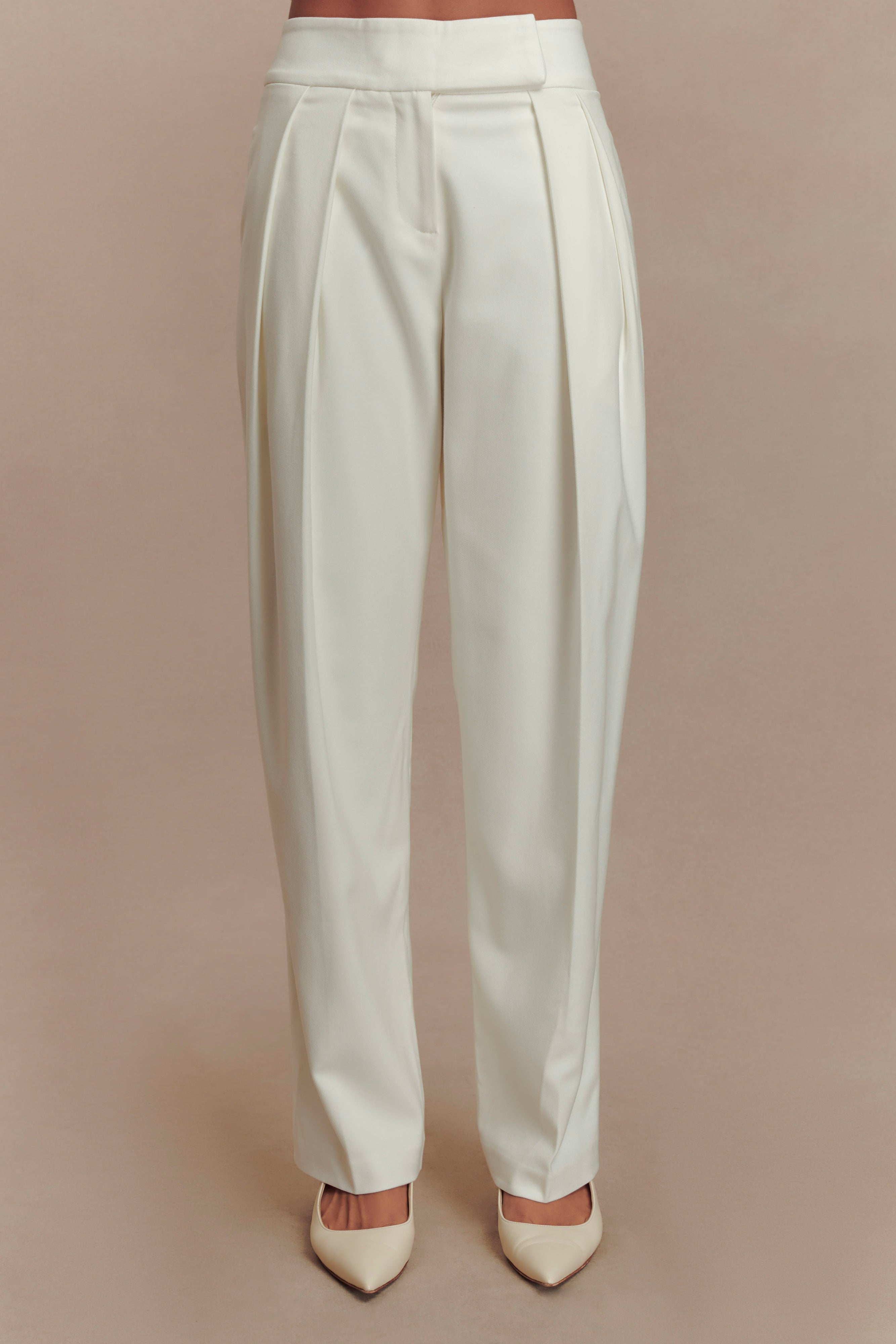 Pleated High Waisted Pants for Women | Ivory Wide-Leg Trousers - Penelope