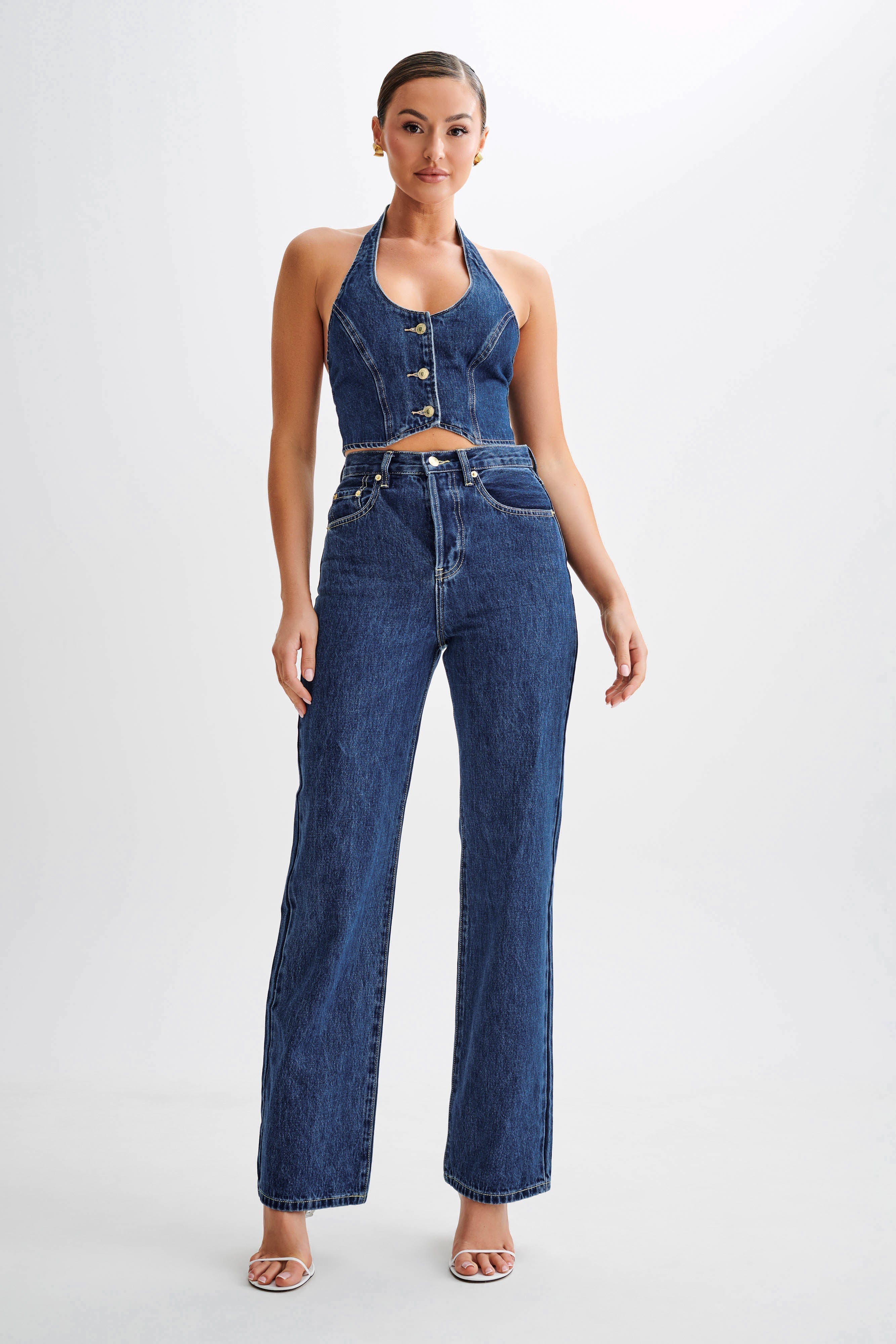 High Waisted Straight Leg Jeans for Women - Dark Blue | Janine
