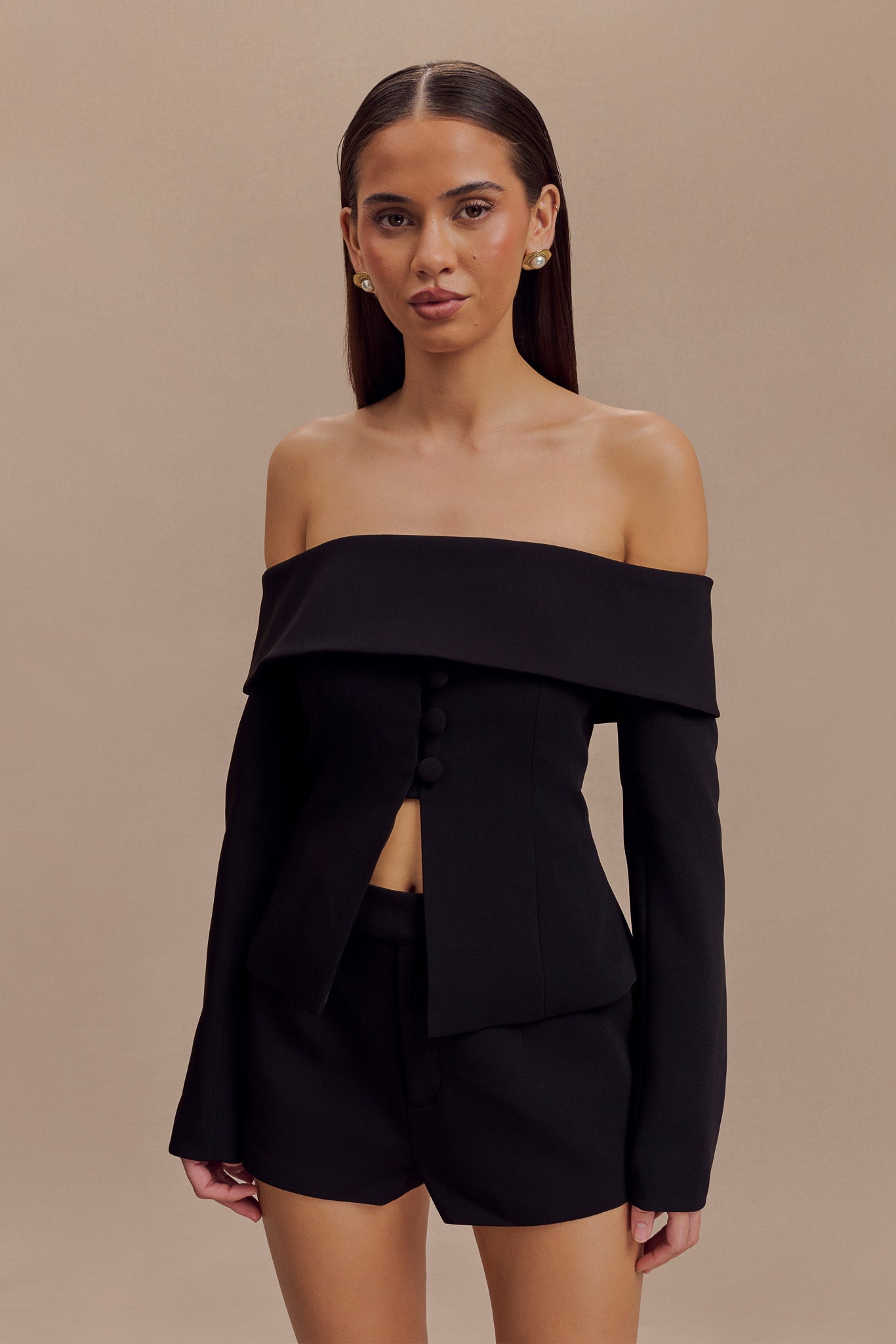 Off Shoulder Jacket with Bardot Neckline & Relaxed Fit | Celene Black