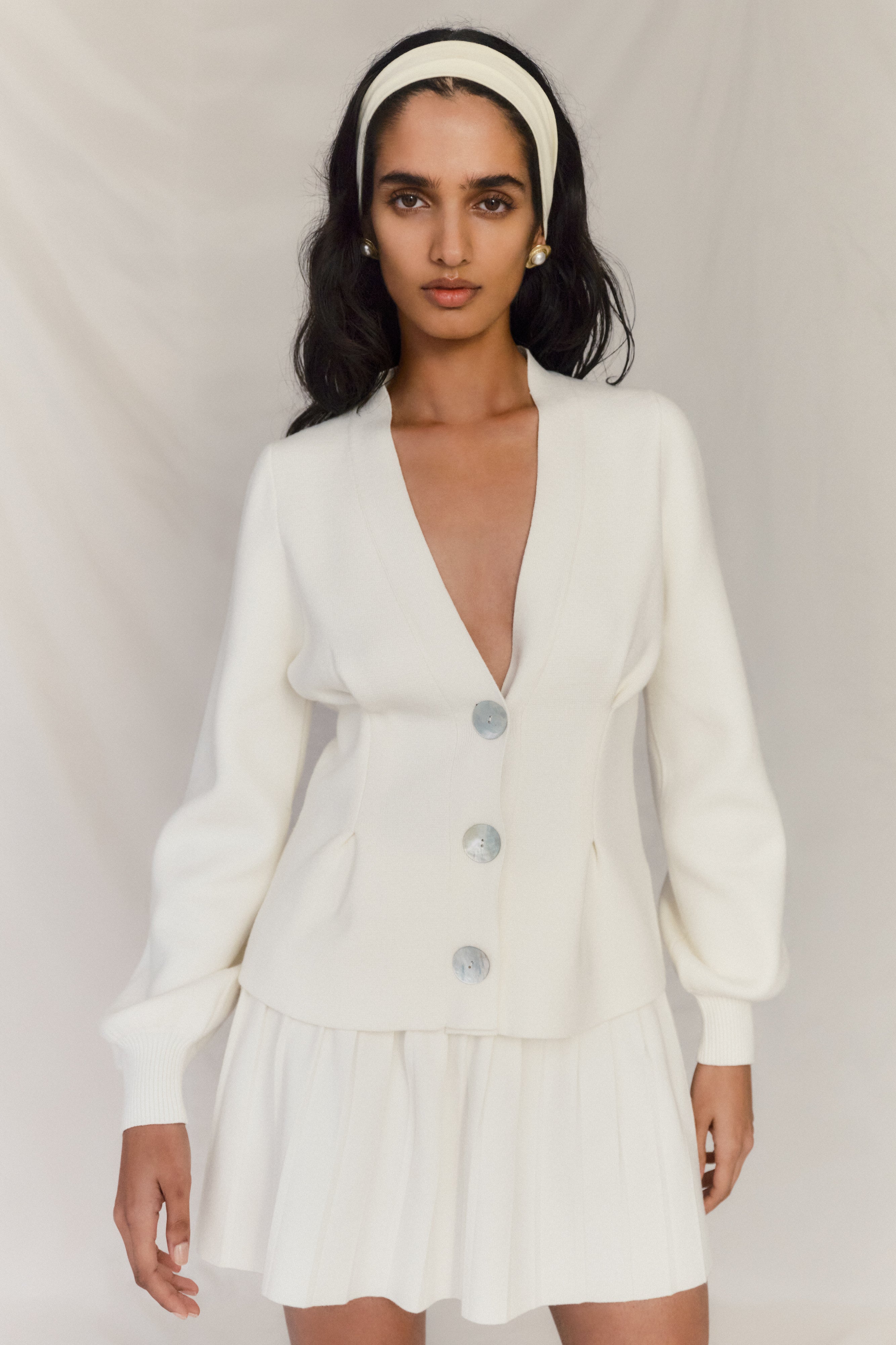 Knit Cinched Cardigan with V Neckline & Shell Buttons | Beverly Ivory