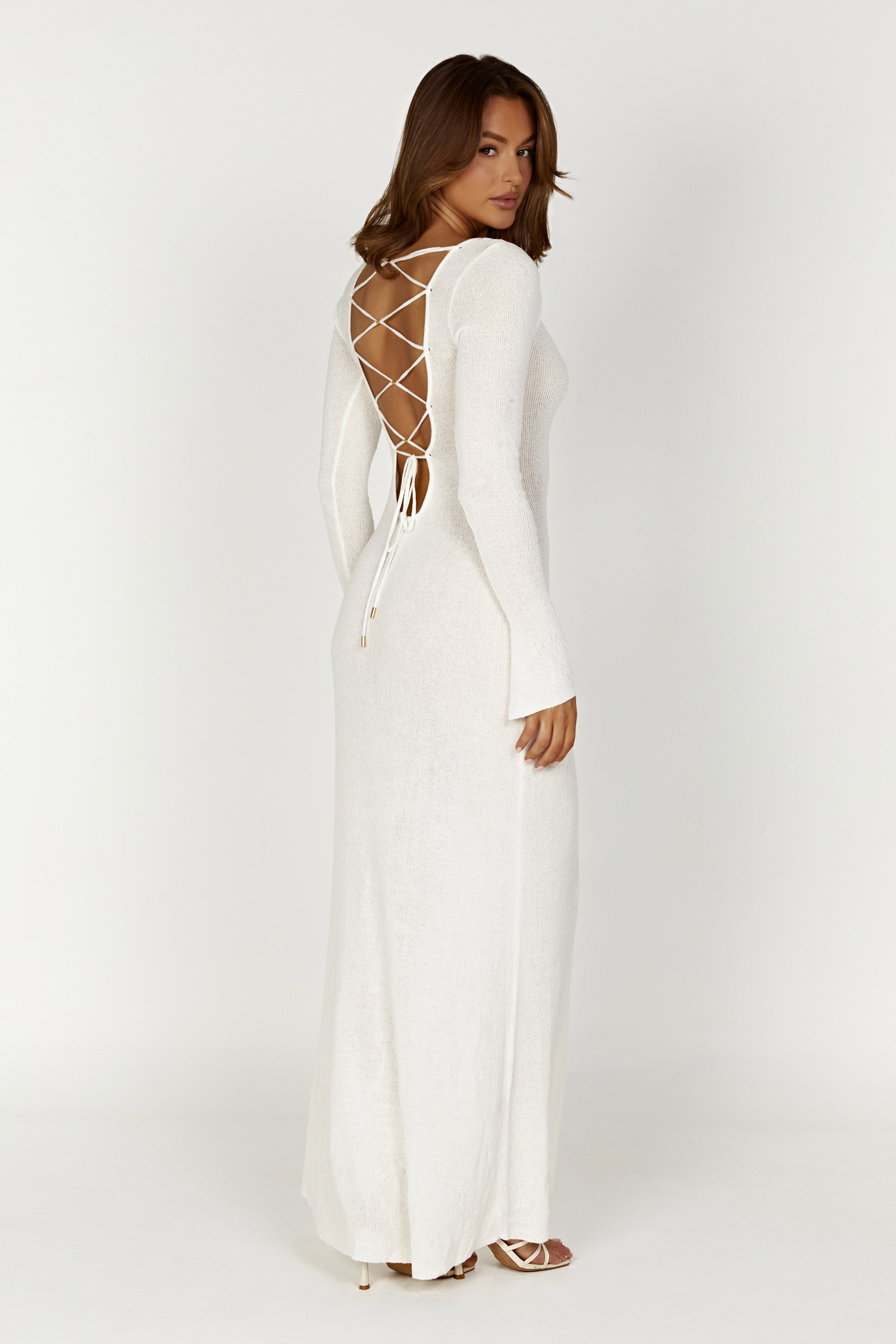 Knit Maxi Dress with Open Back & Crisscross Ties | Talia Ivory