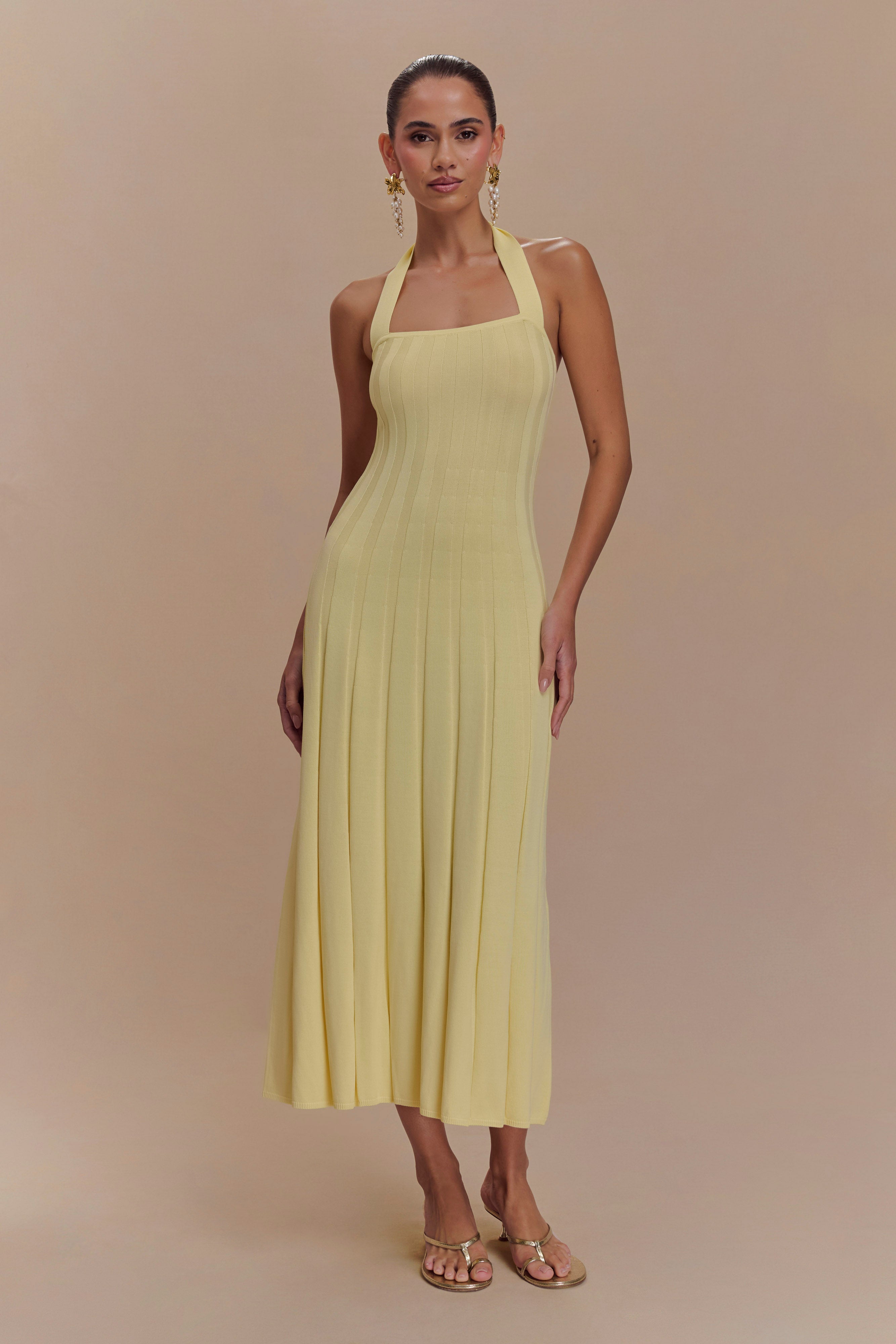 Halter Knit Midi Dress with Ribbed Fabric & Pleated Hem | Jacqui