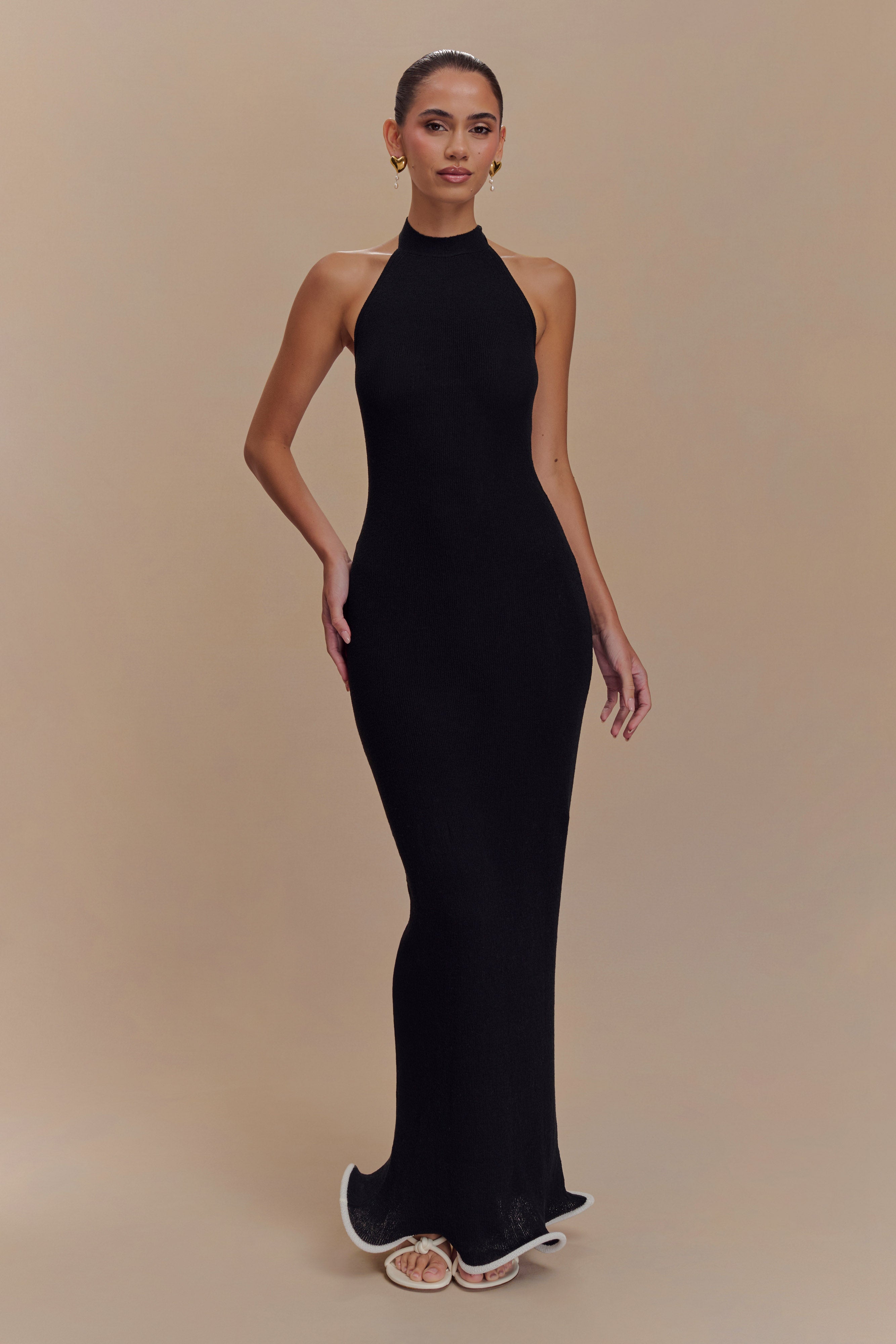 Halter Knit Maxi Dress with Open Back & Ripple Hem | Melodie