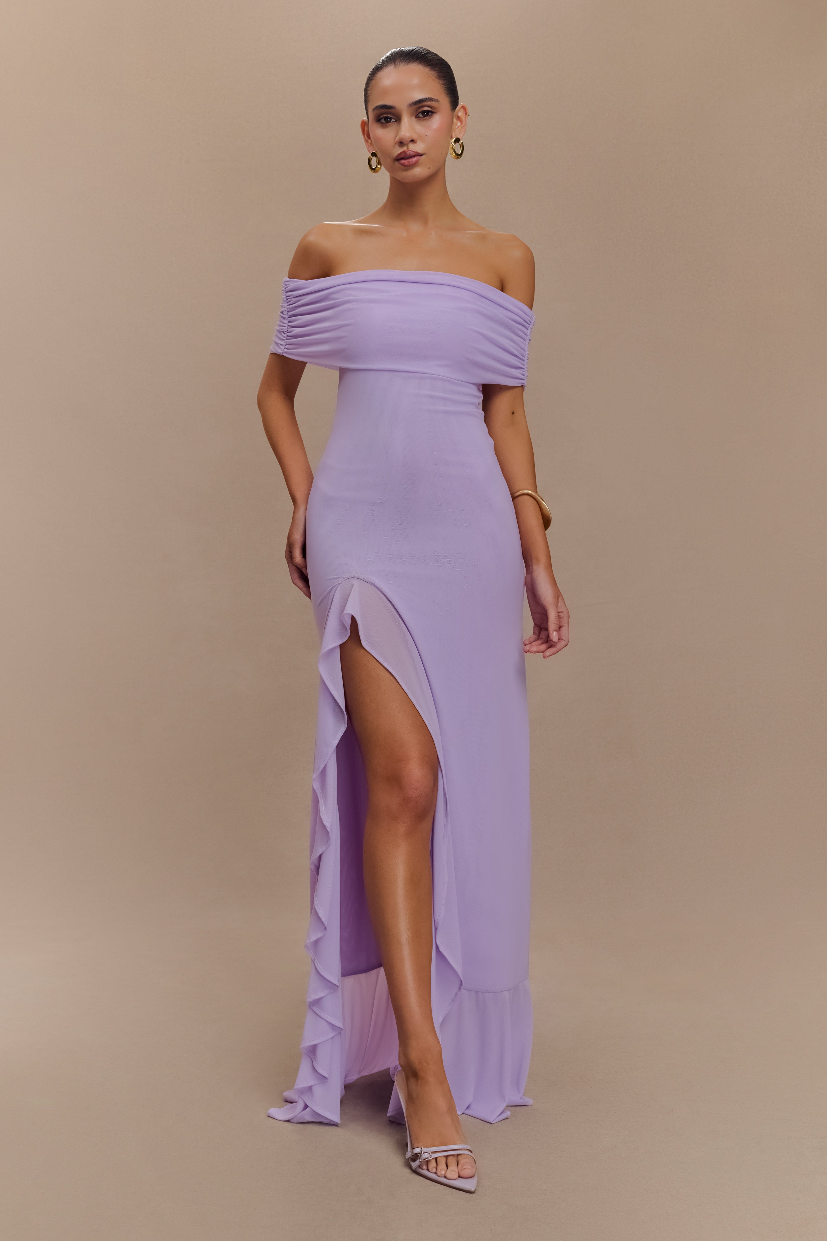 Off-Shoulder Mesh Maxi Dress with Ruched Detail | Audrey Lilac