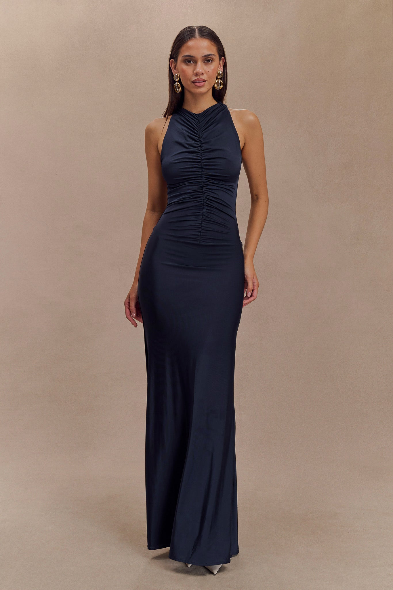 Slinky Ruched Halter Maxi Dress for Evening Wear | Priya Navy