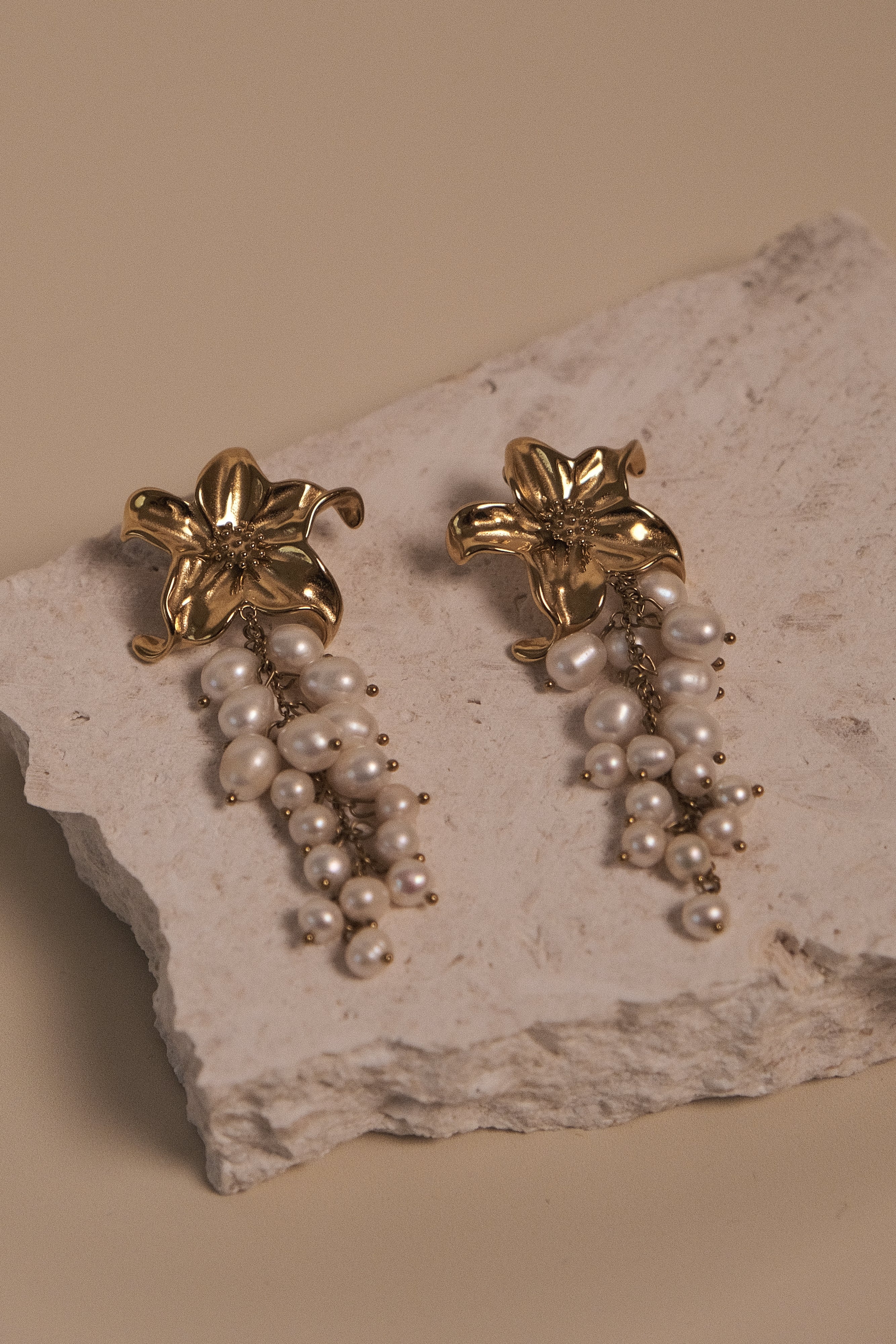 Freshwater Pearl Earrings with Floral Design & Gold Accents | Eva